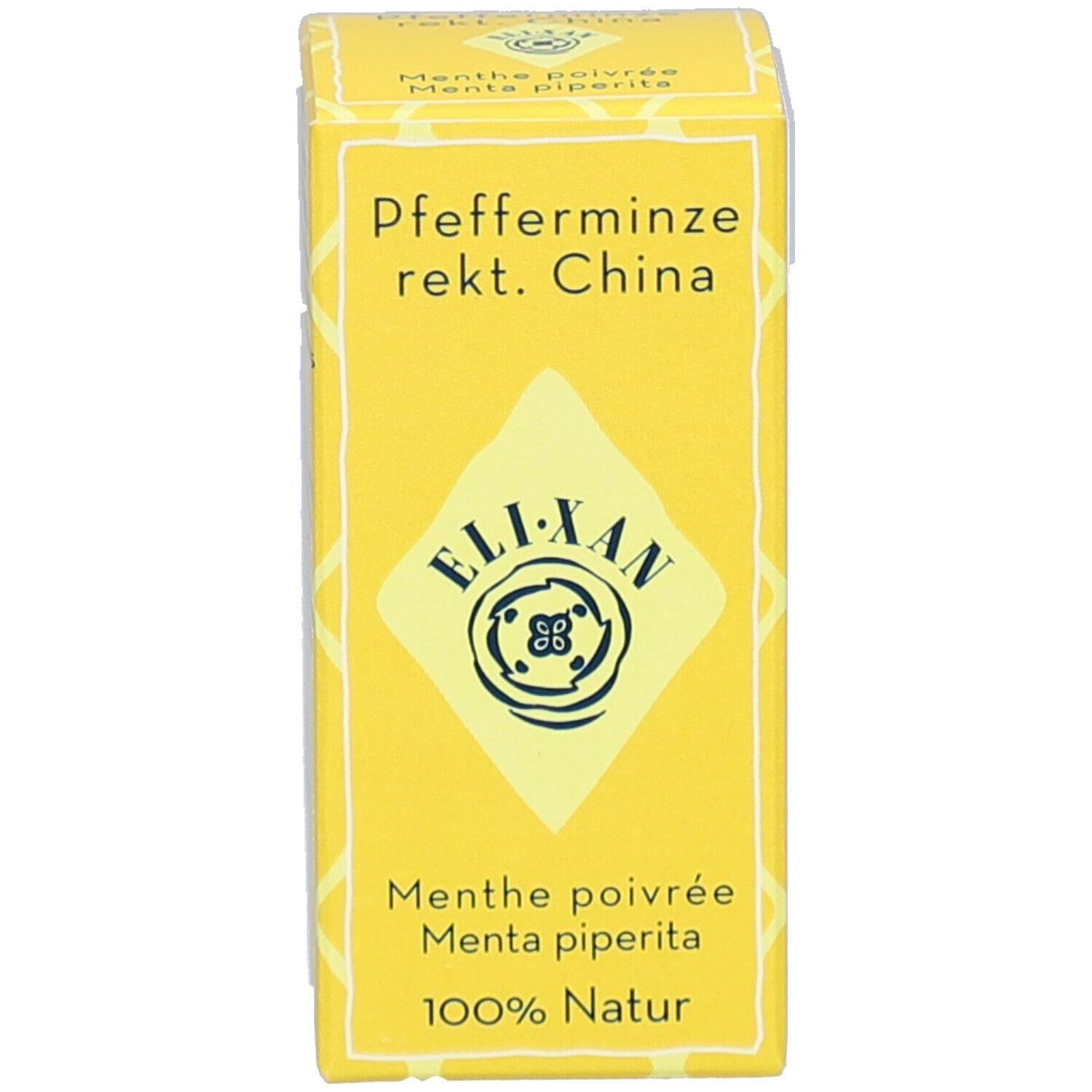 Gelbe Produktverpackung mit Produktbezeichnung und Logo. Text in mehreren Sprachen.