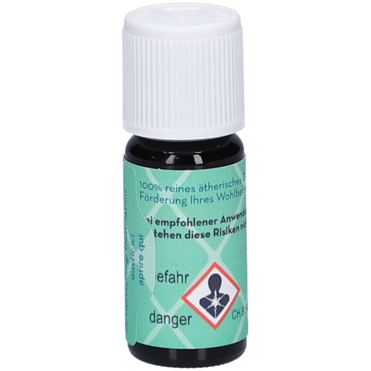 Braune Glasflasche mit weißem Deckel. Aufkleber mit Produktinformationen und Gefahrensymbol.