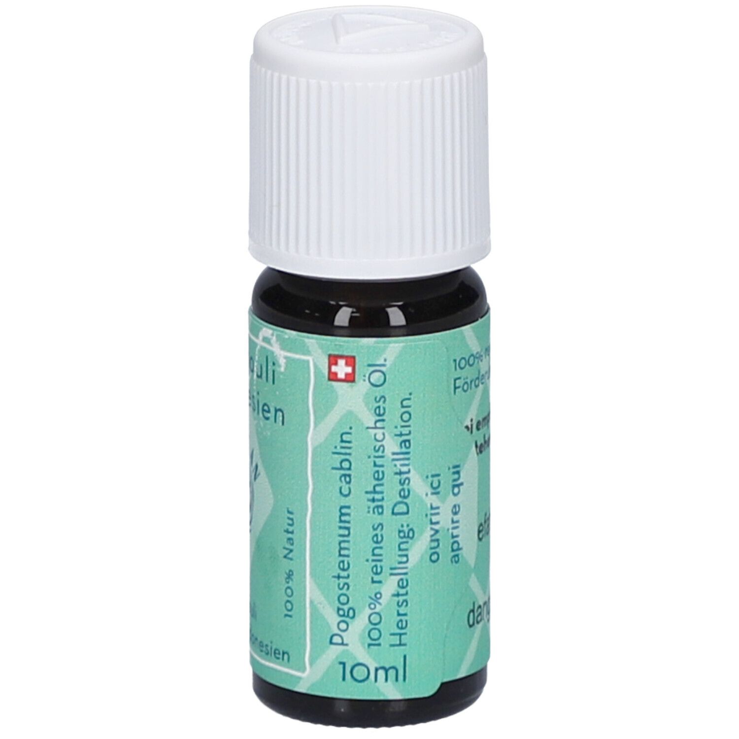 Braune Glasflasche mit weißem Deckel. Aufkleber mit Produktinformationen und 10ml Angabe.