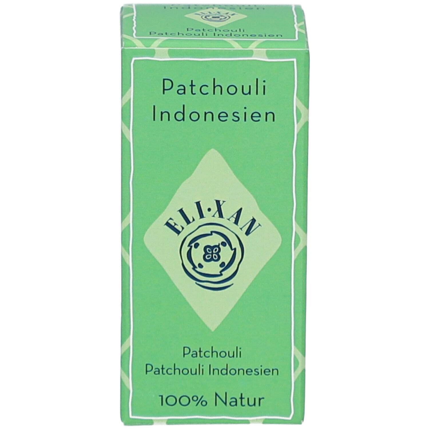 Grüne rechteckige Verpackung. Produktname und Logo. 100% Natur.