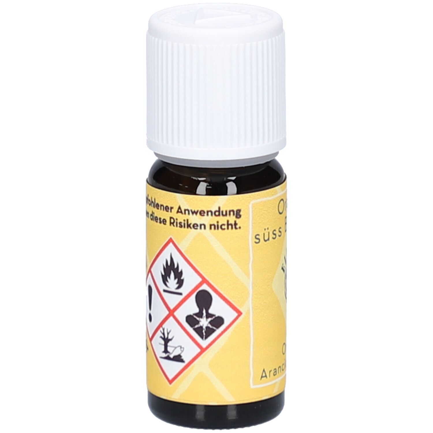 Braune Glasflasche mit weißem Deckel. Gelbes Etikett mit Gefahrensymbolen: Flamme, Ausrufezeichen, Gesundheitsgefahr, Baum.