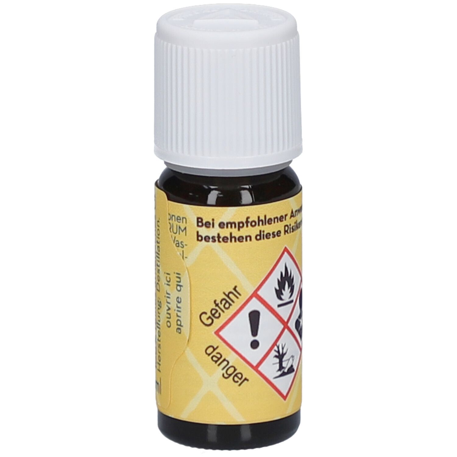 Braune Glasflasche mit weißem Deckel. Gelbes Etikett mit Gefahrensymbolen und Text: Gefahr, danger.