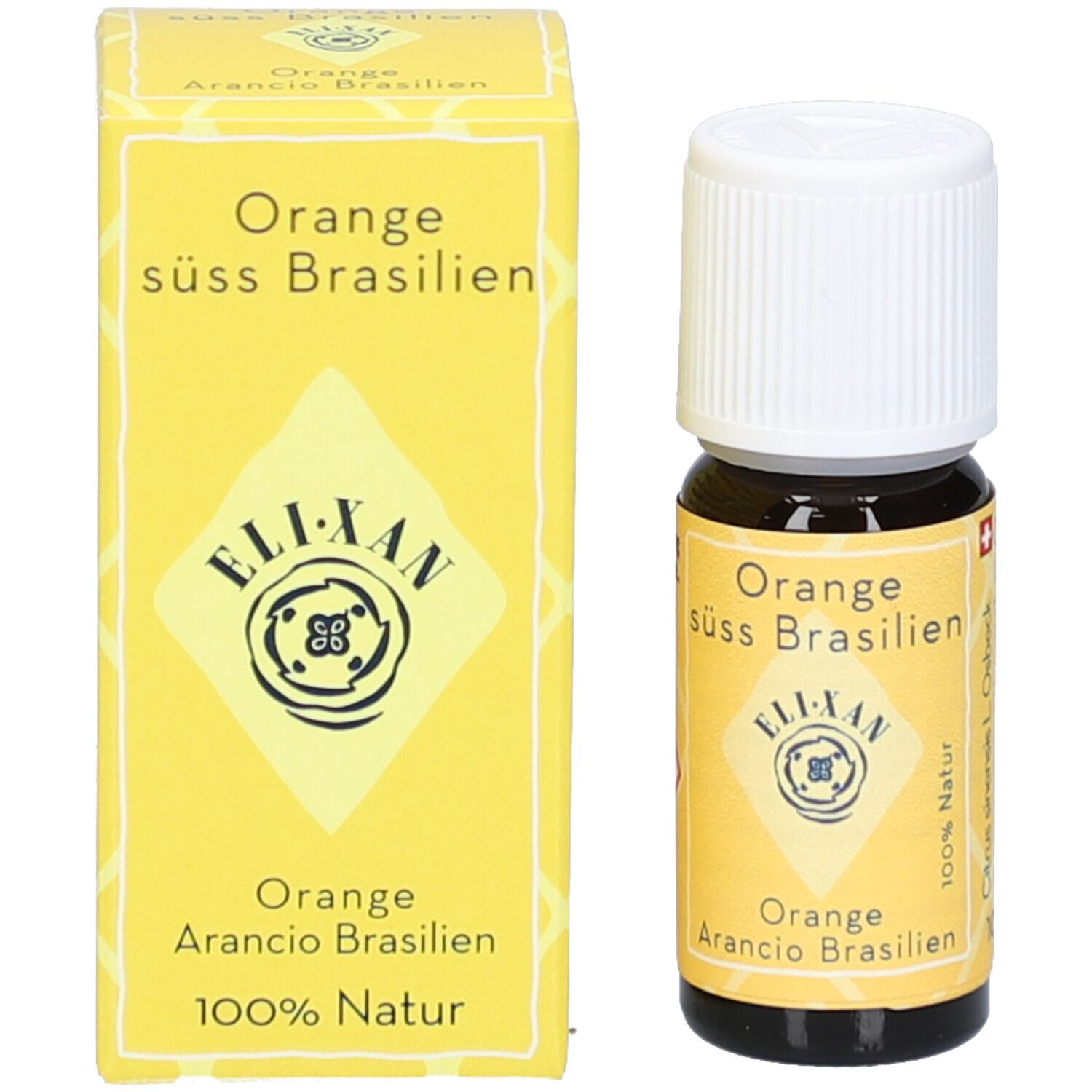 Braune Glasflasche mit weißem Deckel und gelbe Schachtel. Auf der Schachtel: Orange süß Brasilien, ELIXAN, 100% Natur.