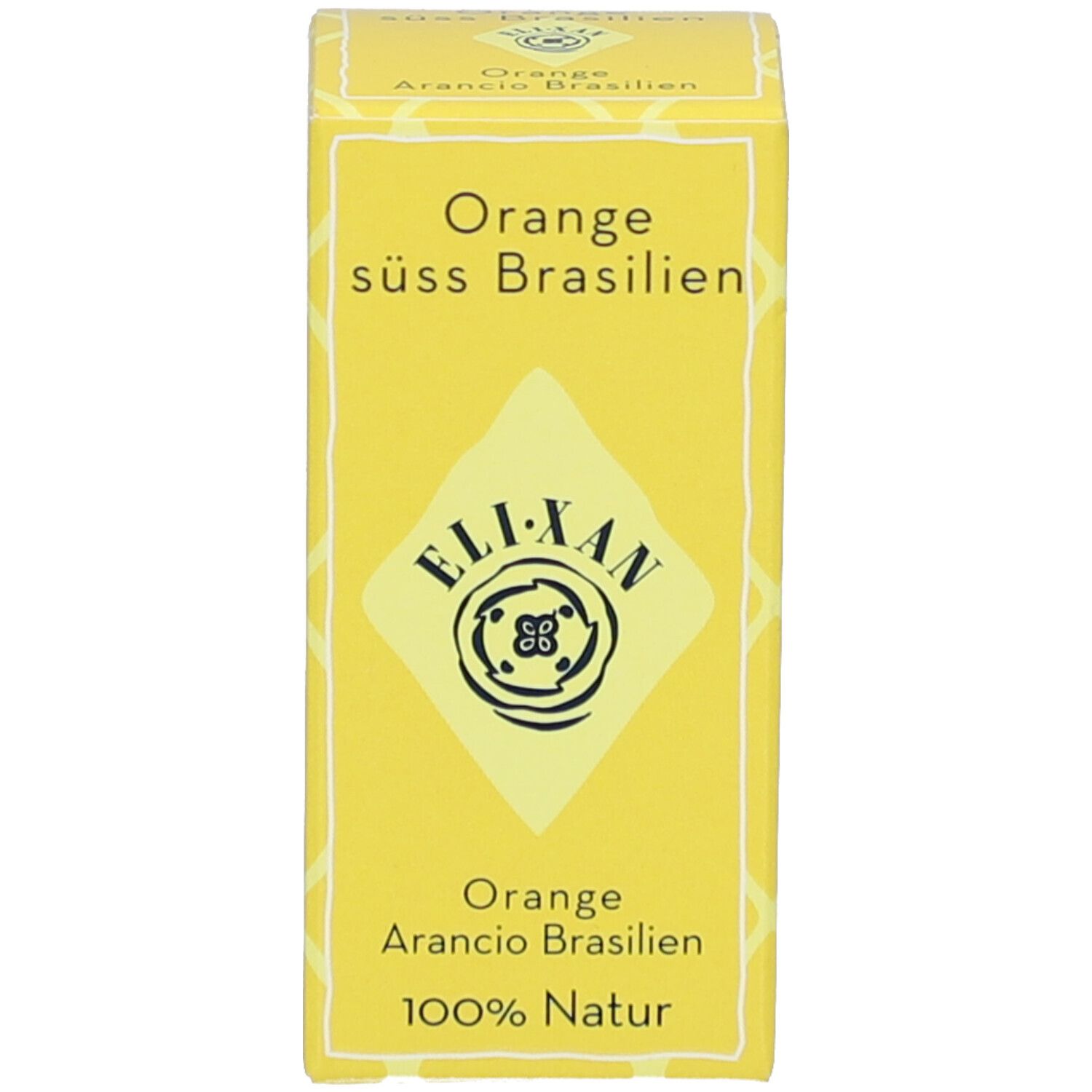 Gelbe Schachtel mit Text: Orange süß Brasilien, ELIXAN, 100% Natur.