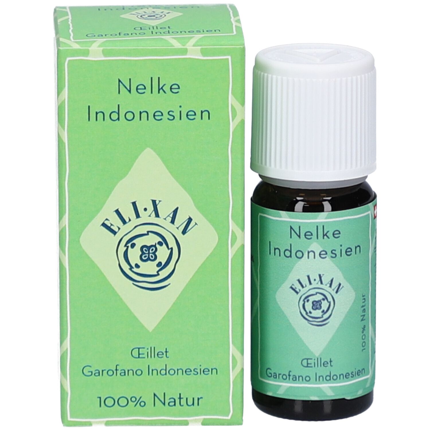 Braune Glasflasche mit weißem Deckel und grüne Verpackung. Auf der Verpackung: Nelke Indonesien, ELIXAN, 100% Natur.