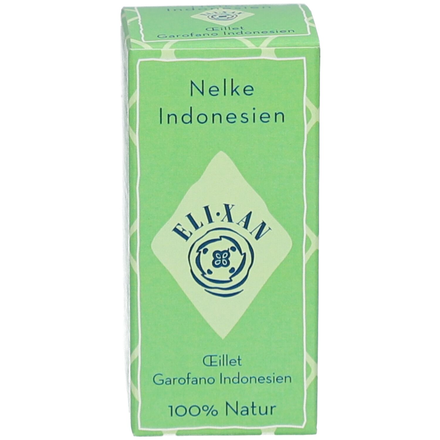Grüne Verpackung mit Text: Nelke Indonesien, ELIXAN, Eillet, Garofano Indonesien. 100% Natur.