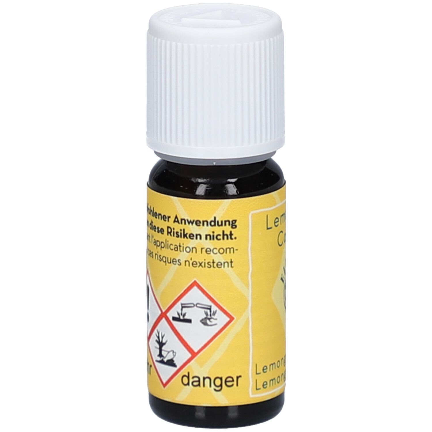 Braune Glasflasche mit weißem Deckel. Gelbes Etikett mit Gefahrensymbolen und Text: danger, Lemongrass Cochin.