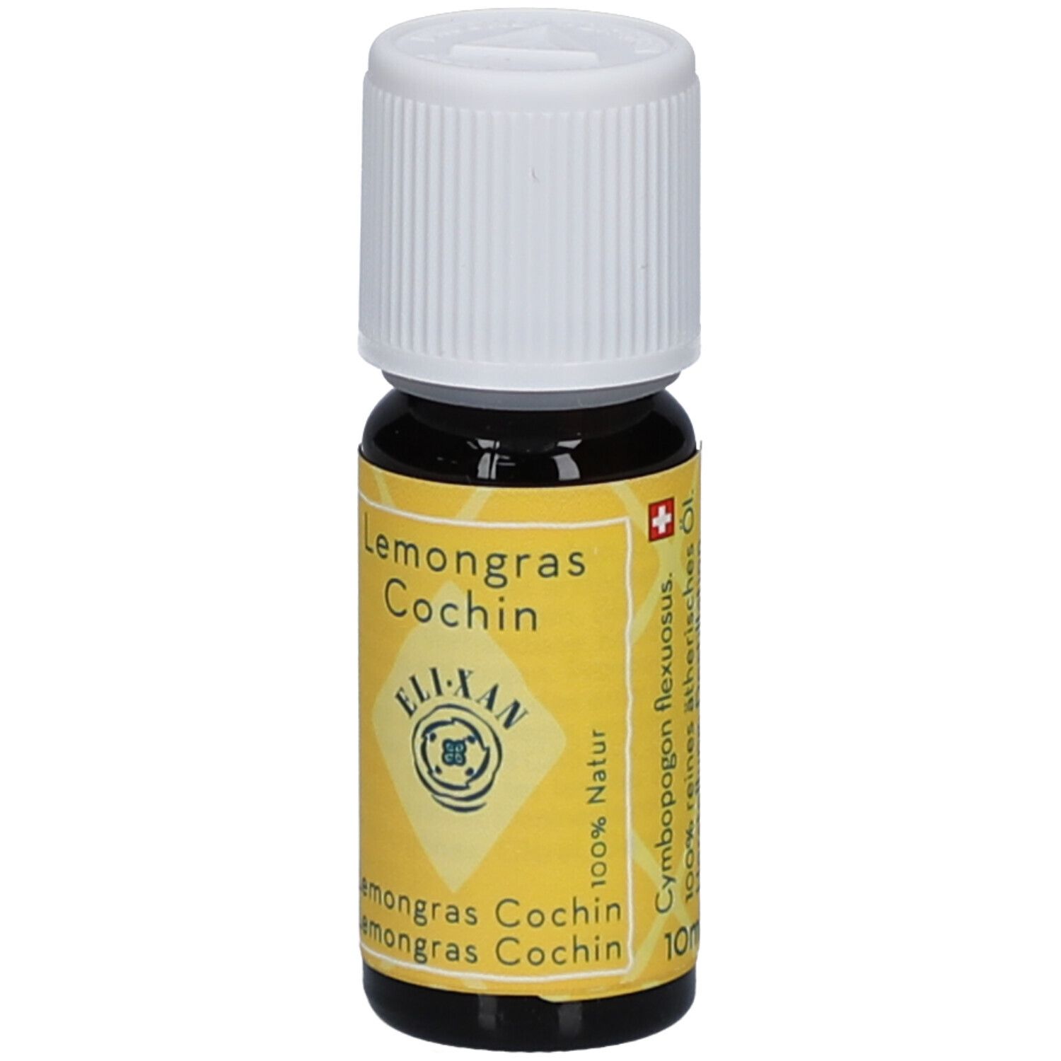 Braune Glasflasche mit weißem Deckel. Gelbes Etikett mit Text: Lemongrass Cochin, ELIXAN, 100% Natur, 10ml.