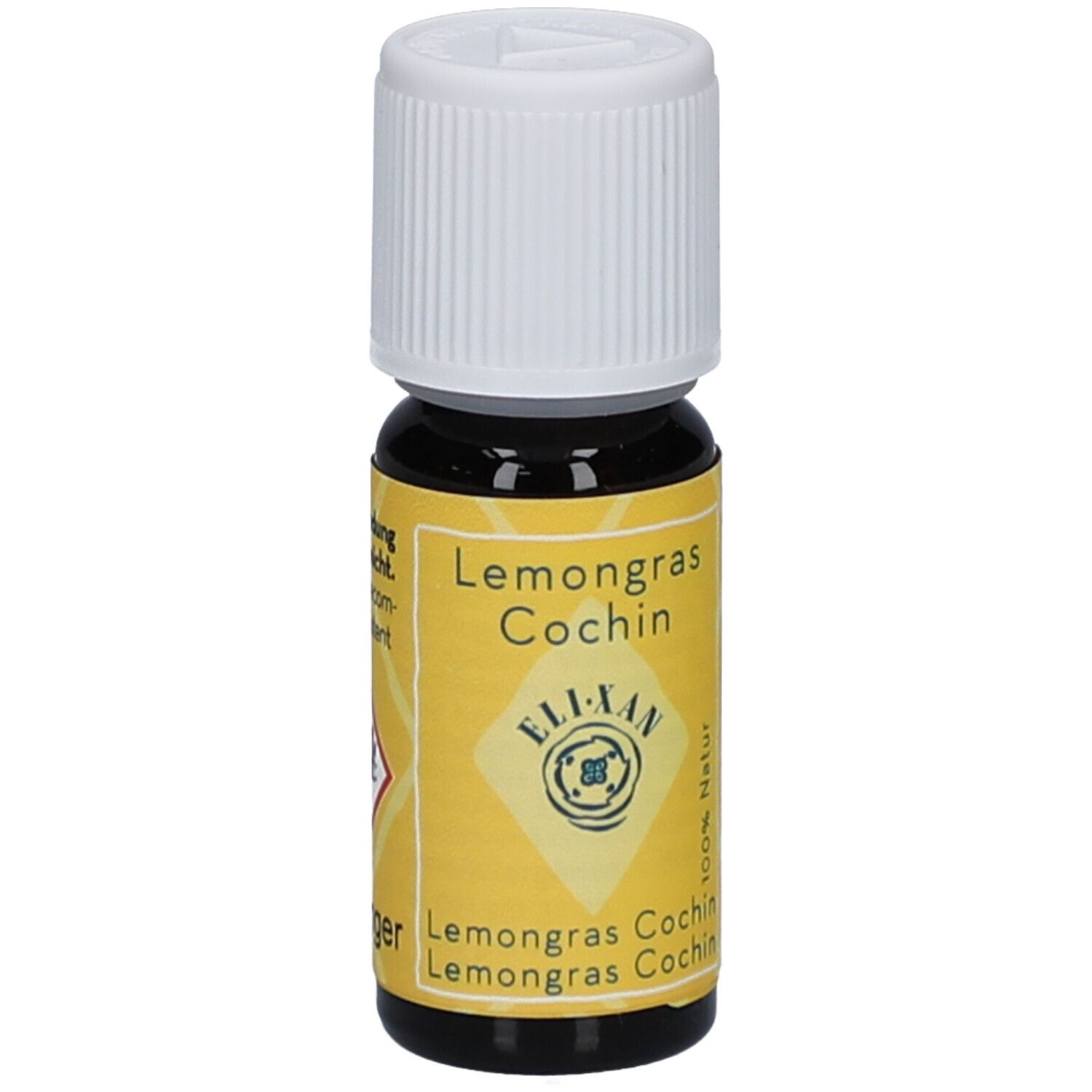 Braune Glasflasche mit weißem Deckel. Gelbes Etikett mit Text: Lemongrass Cochin, ELIXAN, 100% Natur.