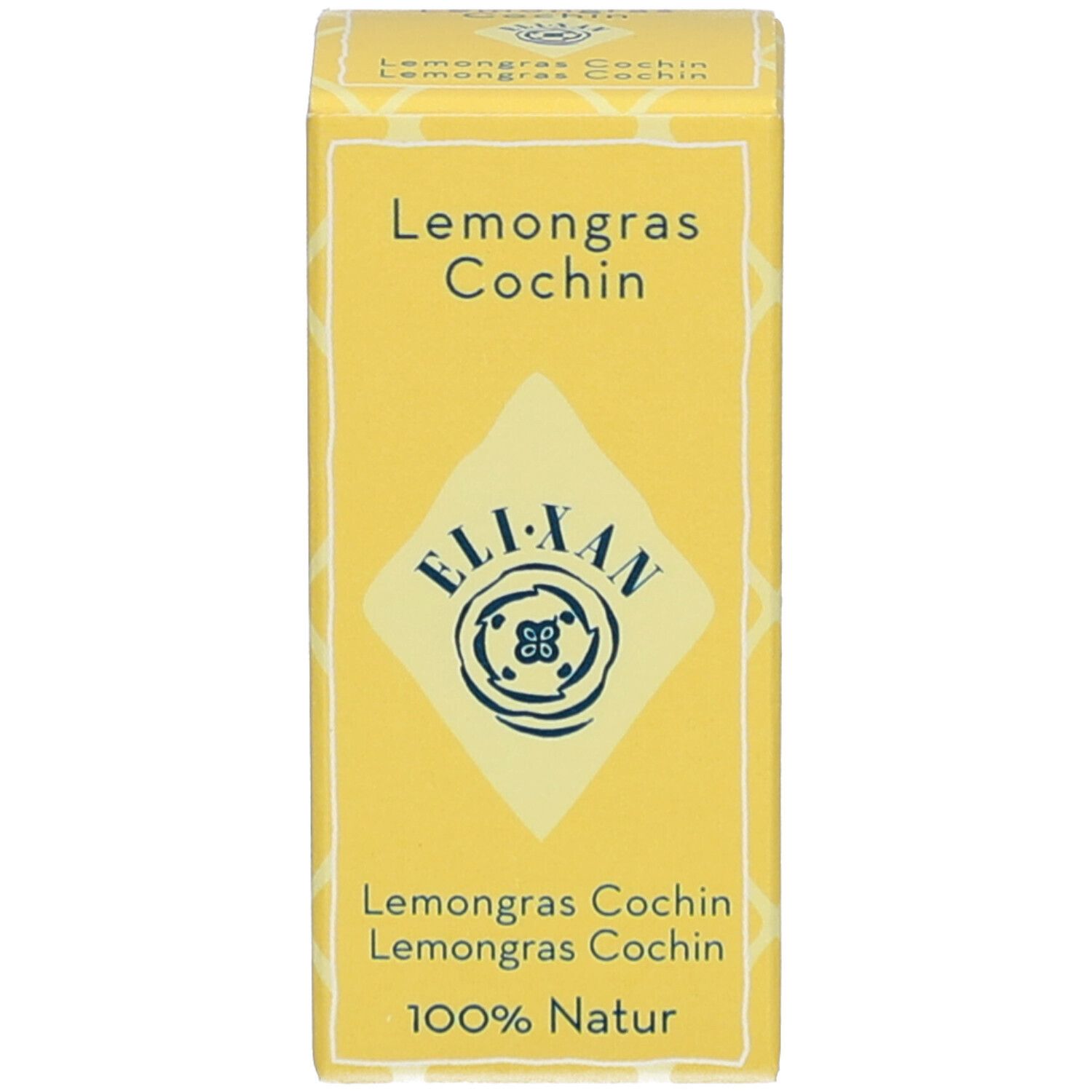 Gelbe Schachtel mit Text: Lemongrass Cochin, ELIXAN, 100% Natur.