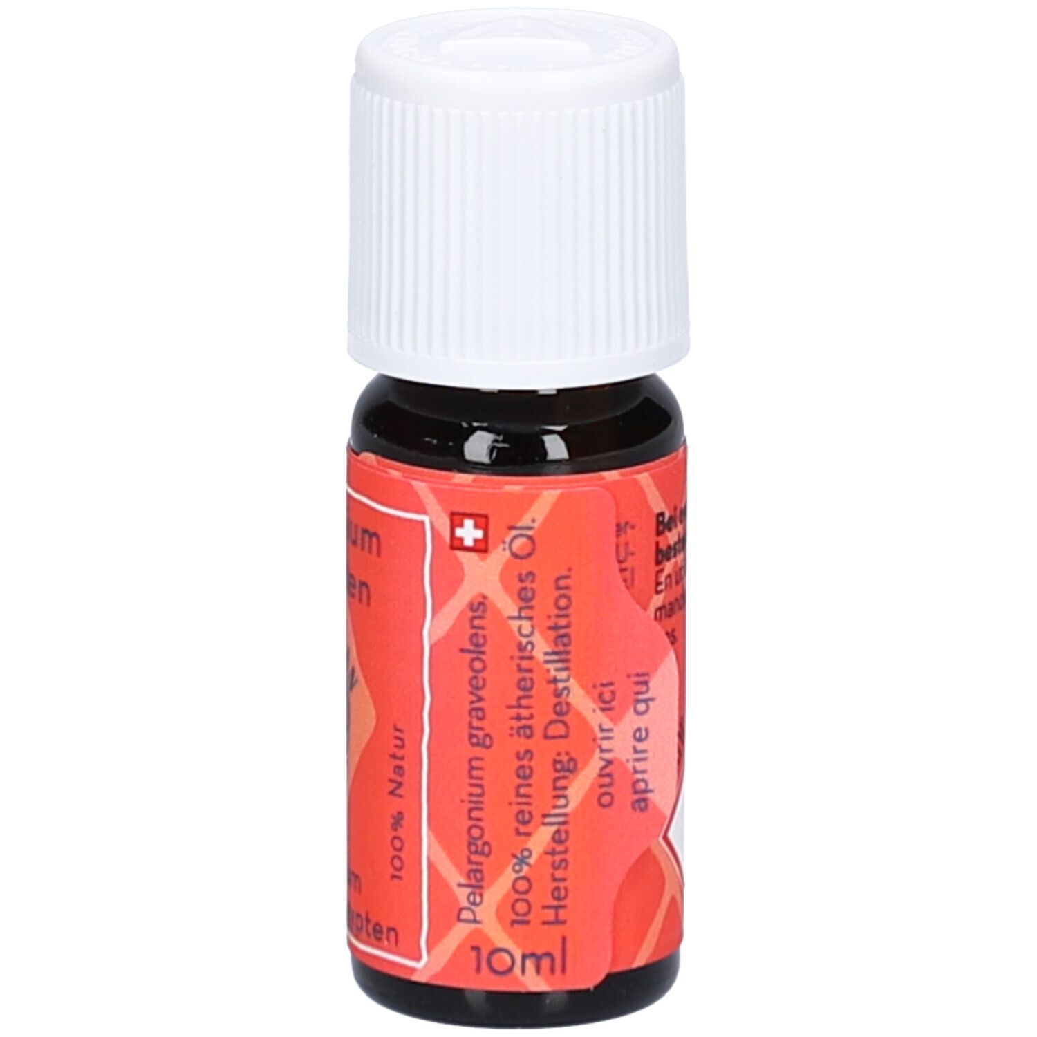 Braune Glasflasche mit weißem Schraubverschluss. Rotes Etikett mit Text: Pelargonium graveolens, 100% reines ätherisches Öl, 10ml.