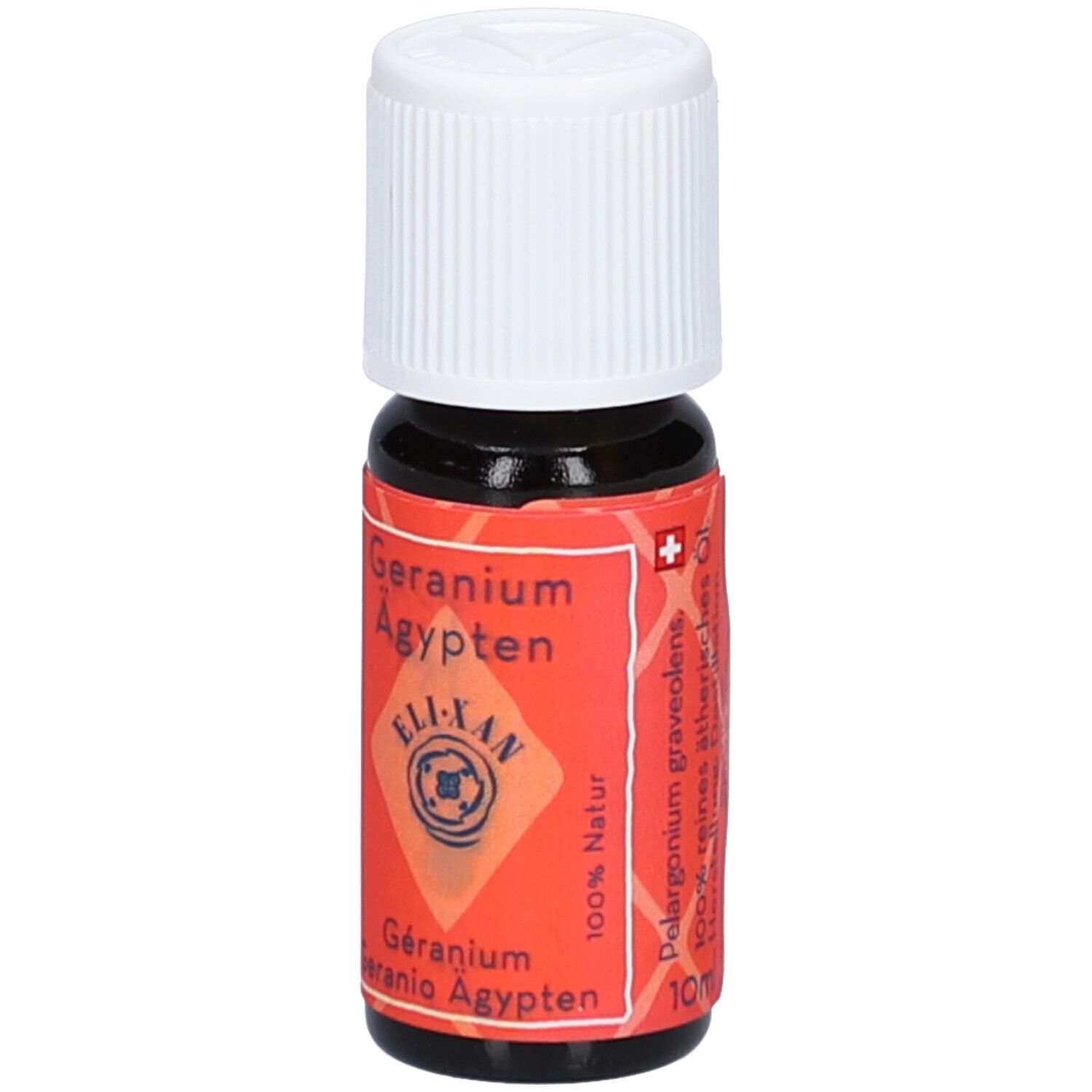 Braune Glasflasche mit weißem Schraubverschluss. Rotes Etikett mit Text: Geranium Ägypten, ELIXAN, 100% Natur, 10ml.