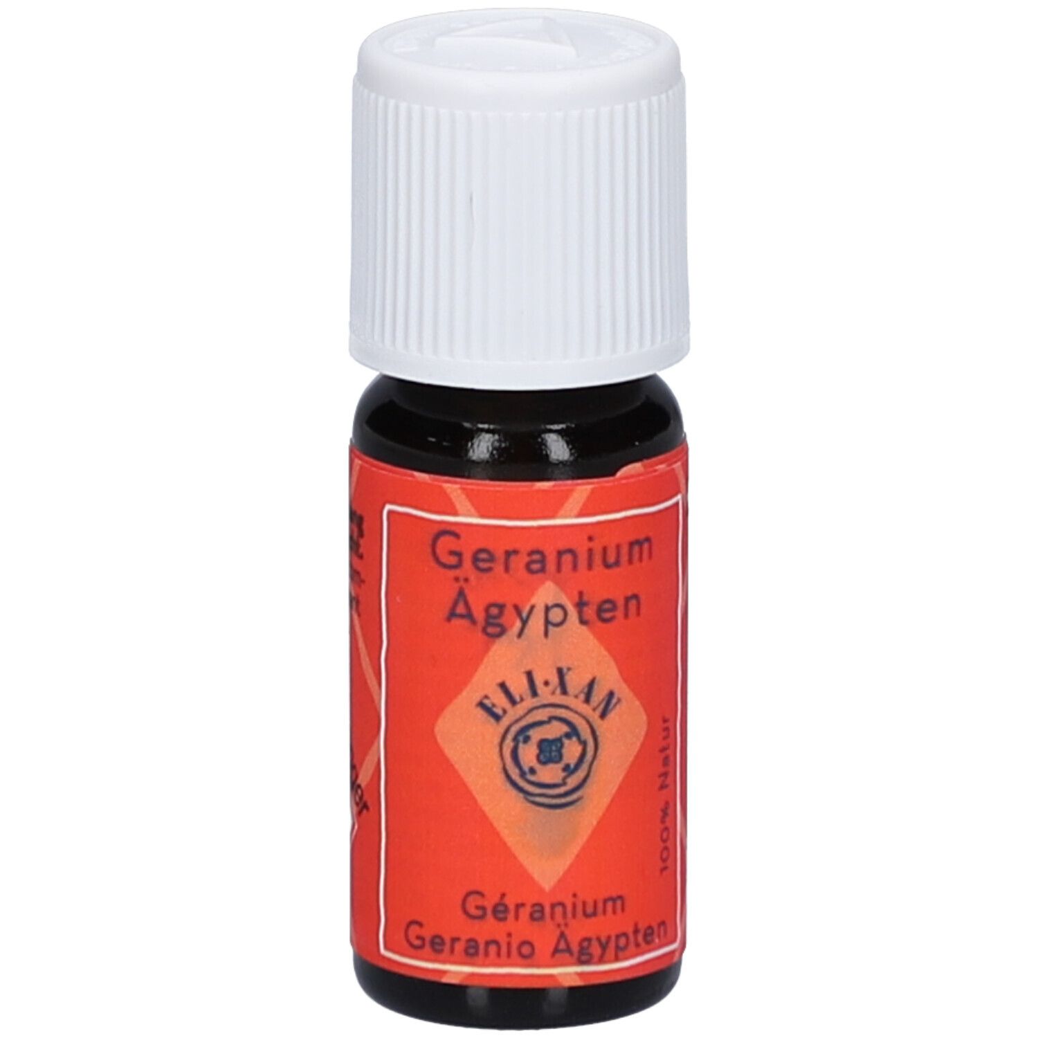 Braune Glasflasche mit weißem Schraubverschluss. Rotes Etikett mit Text: Geranium Ägypten, ELIXAN, 100% Natur, 10ml.