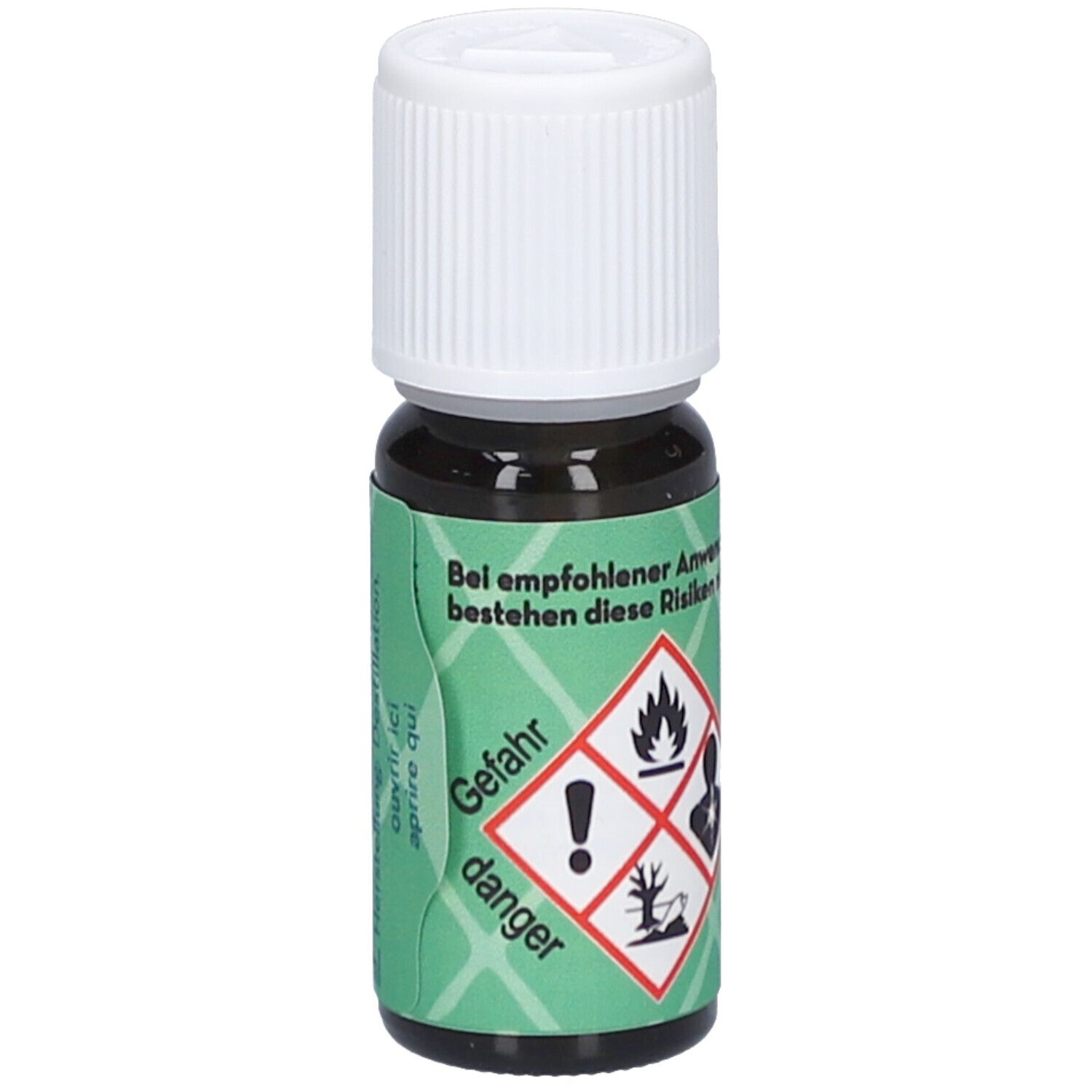 Braune Glasflasche mit weißem Schraubverschluss. Grüne Banderole mit Gefahrensymbolen: Flamme, Ausrufezeichen, Baum mit Blitz, Person mit Schild.