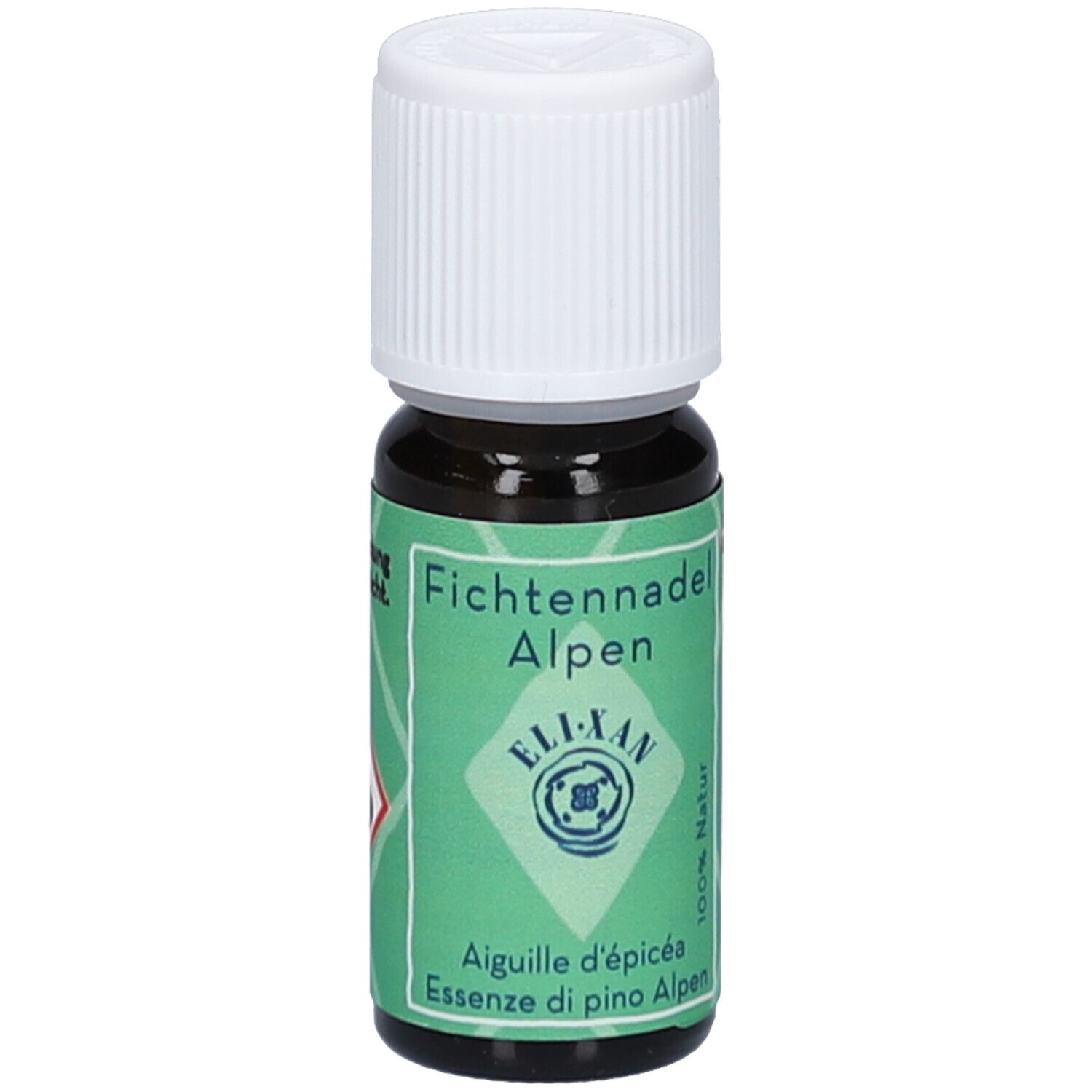 Kleine braune Glasflasche mit weißem Schraubverschluss. Grüne Etikett mit "Fichtennadel Alpen" und "ELI-XAN".