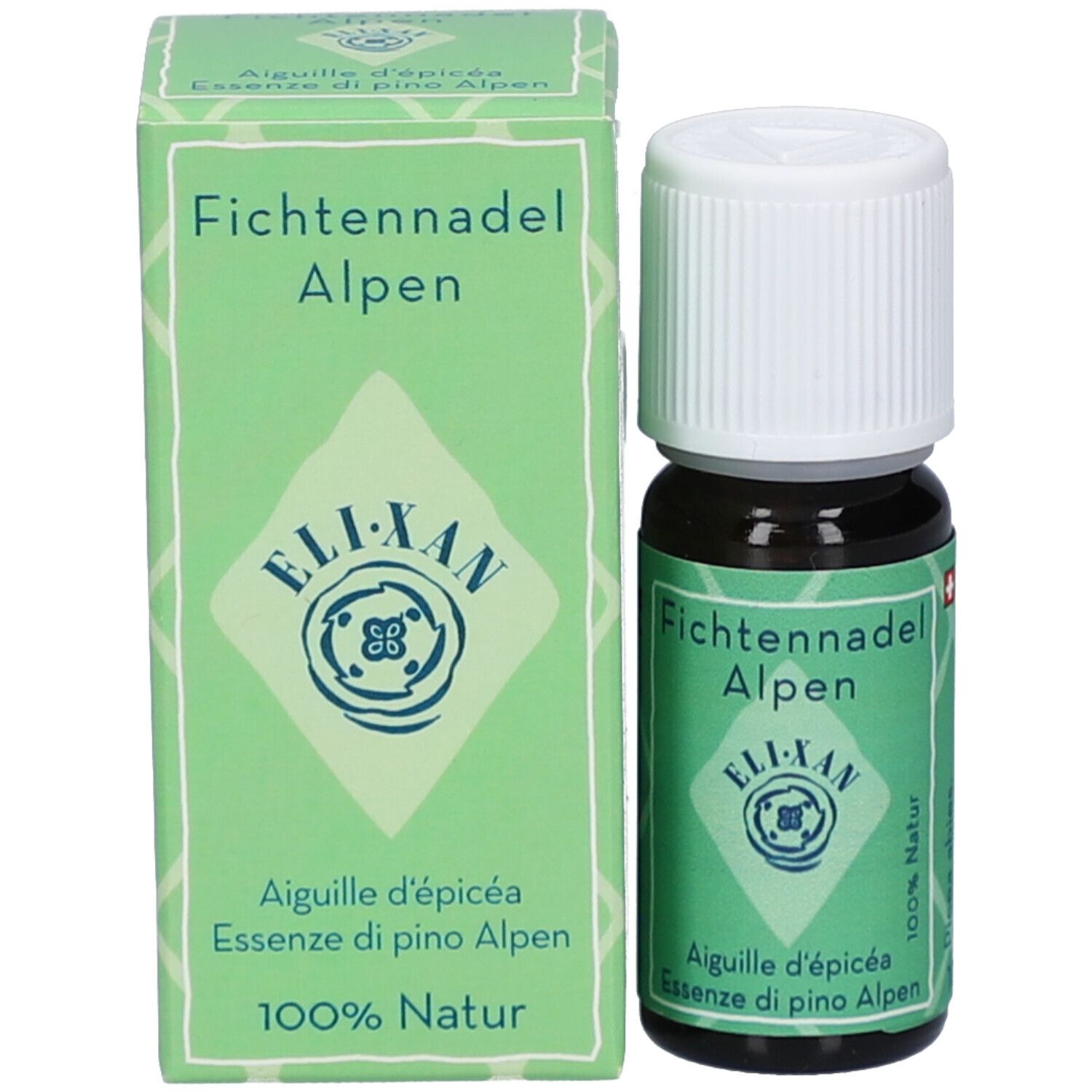 Fichtennadel Alpen ätherisches Öl von Eli-Xan in dunkler Glasflasche mit weißem Schraubverschluss und Faltschachtel.