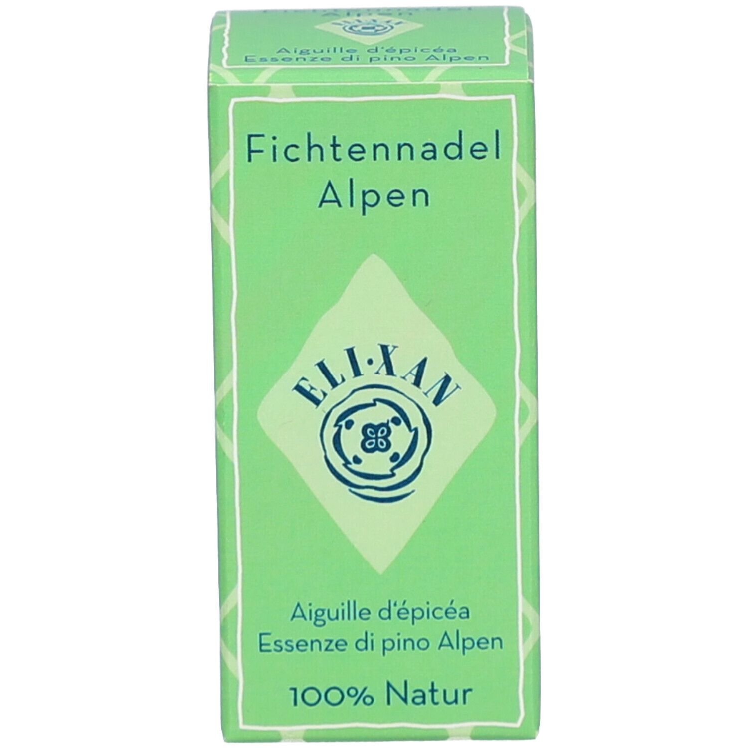 Grüne Verpackung mit 'Fichtennadel Alpen' und 'ELI-XAN' Logo. Enthält '100% Natur'.