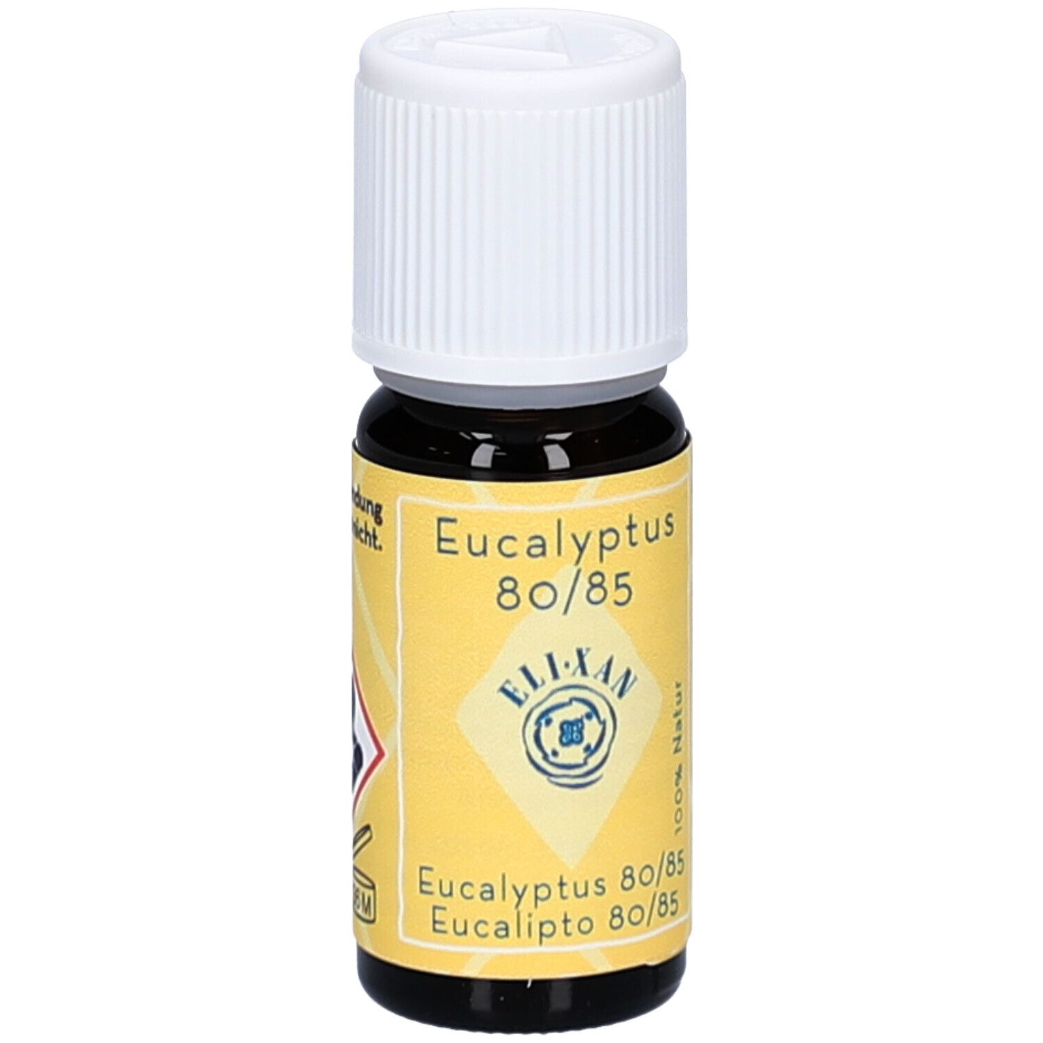Braune Glasflasche mit weißem Deckel. Gelbes Etikett mit Gefahrensymbolen und Text: Eucalyptus 80/85, ELIXAN.