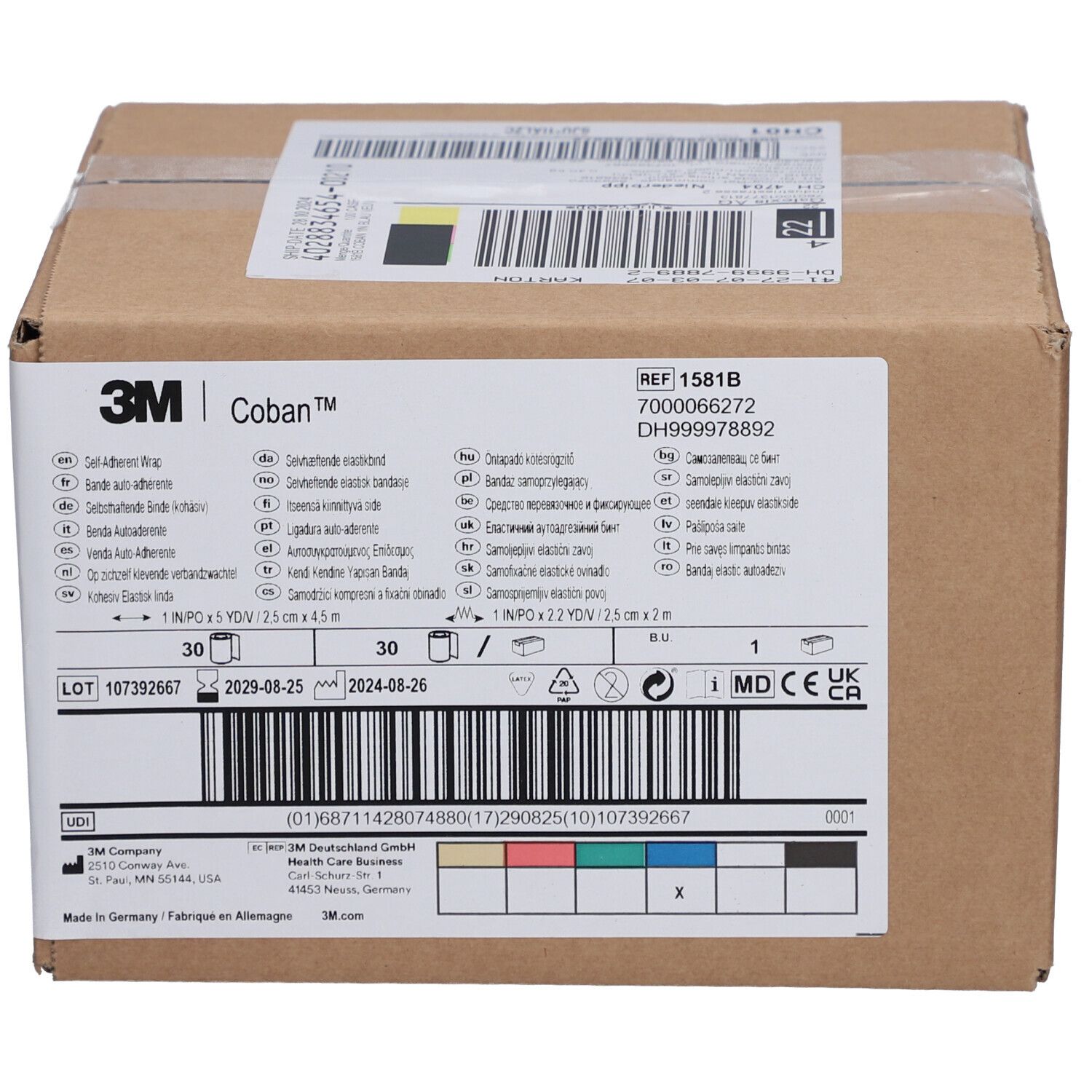 Karton mit 3M Coban Klebeband. Aufschrift: 1 INPO x 5 YDV / 2,5 cm x 4,5 m. Enthält 30 Rollen. MHD 2029-08-25.
