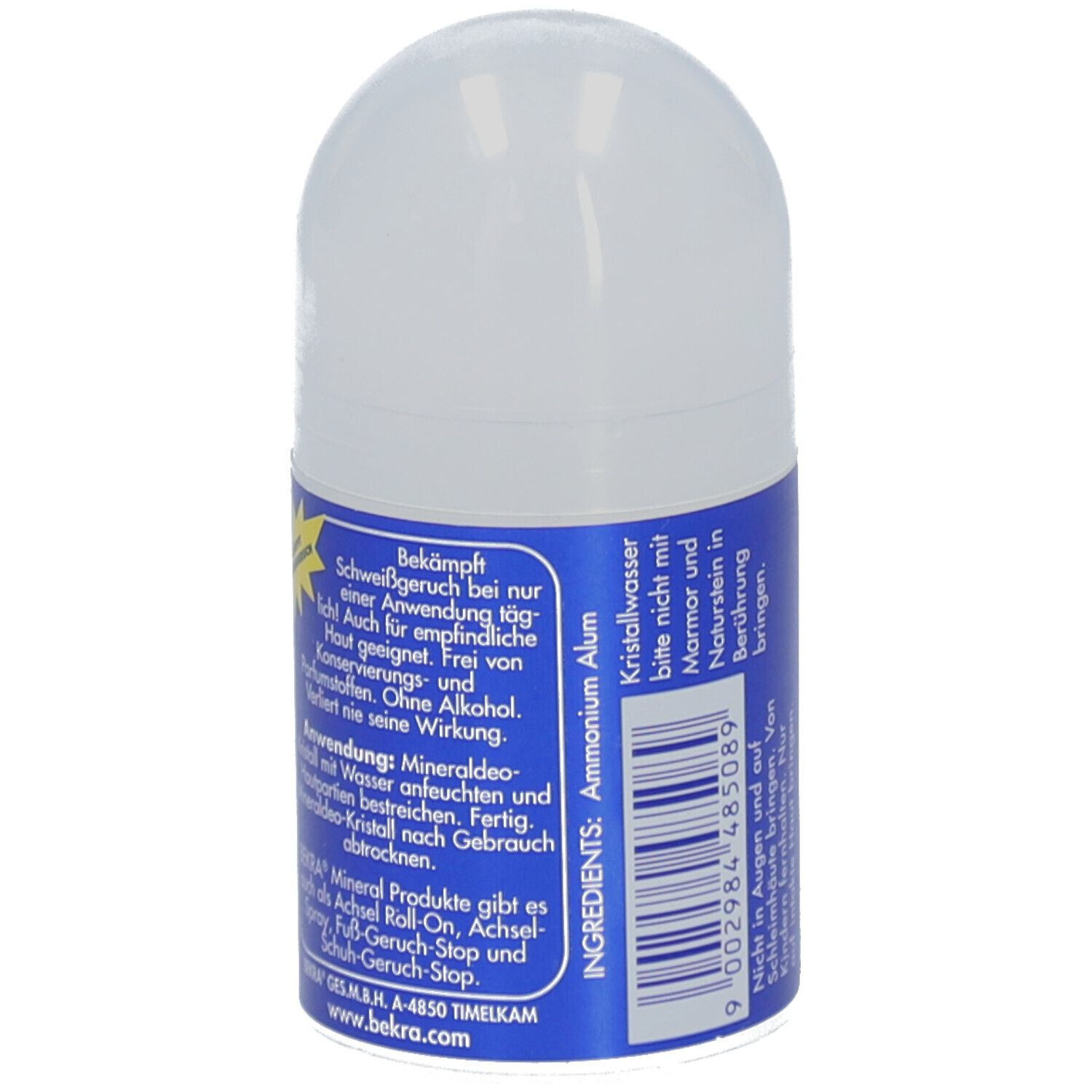 Deo-Kristall-Stick, Rückseite mit blauer Etikettierung. Text: Inhaltsstoffe: Ammonium Alum. Anwendung: Mineraldeo-Kristall mit Wasser anfeuchten.