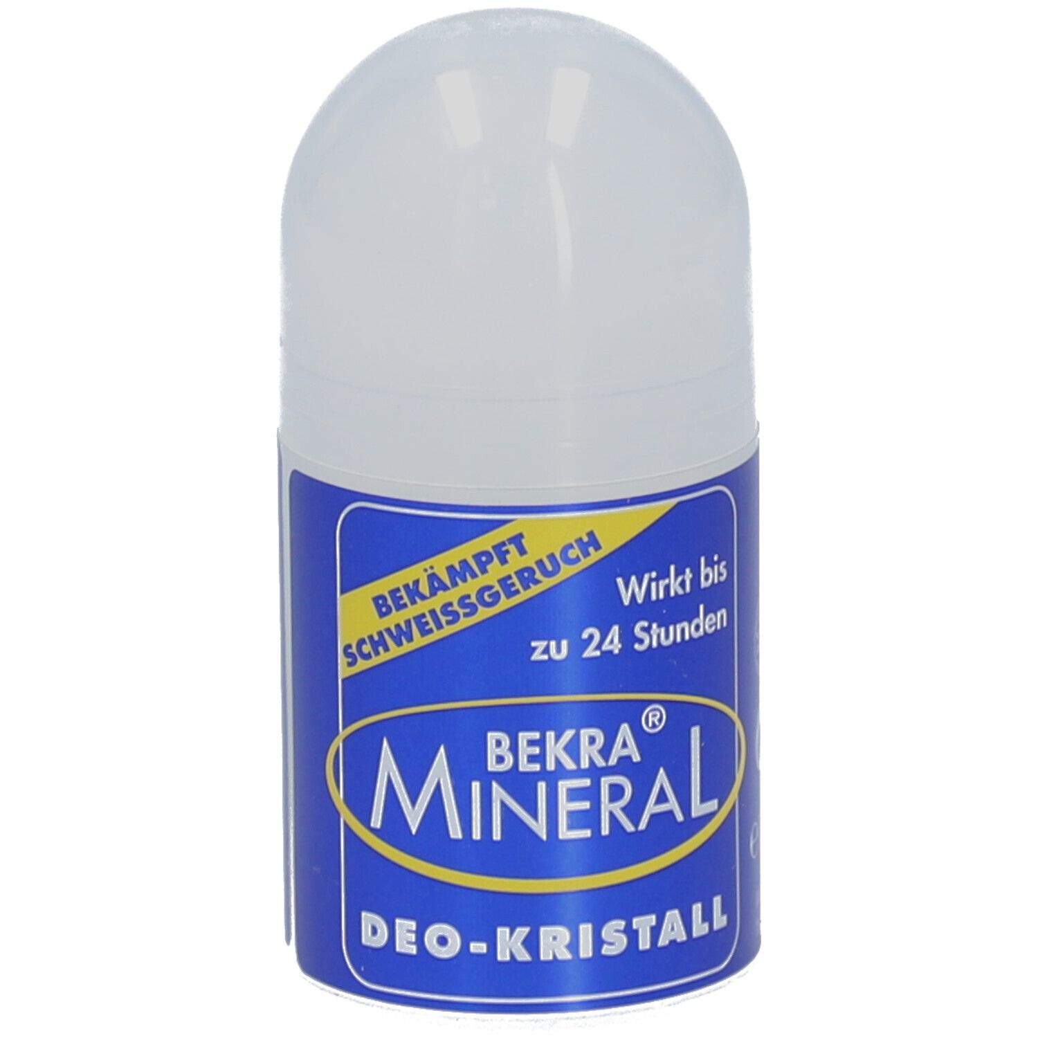 Deo-Kristall-Stick mit blauem Etikett. Aufschrift: BEKRA MINERAL, DEO-KRISTALL. Bekämpft Schweißgeruch. Wirkt bis zu 24 Stunden.