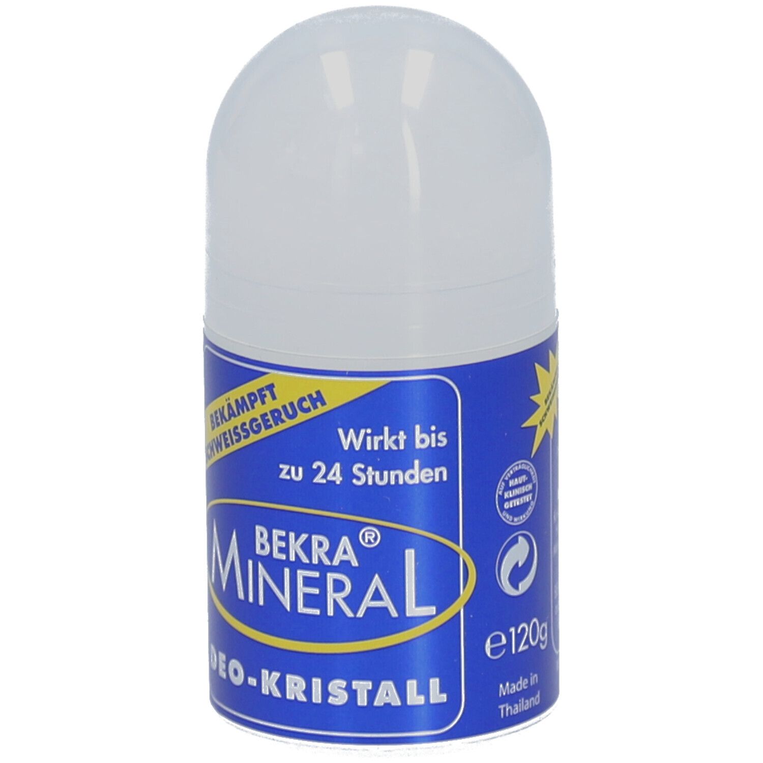 Deo-Kristall-Stick mit blauem Etikett. Aufschrift: BEKRA MINERAL, DEO-KRISTALL. Bekämpft Schweißgeruch. Wirkt bis zu 24 Stunden. 120g.