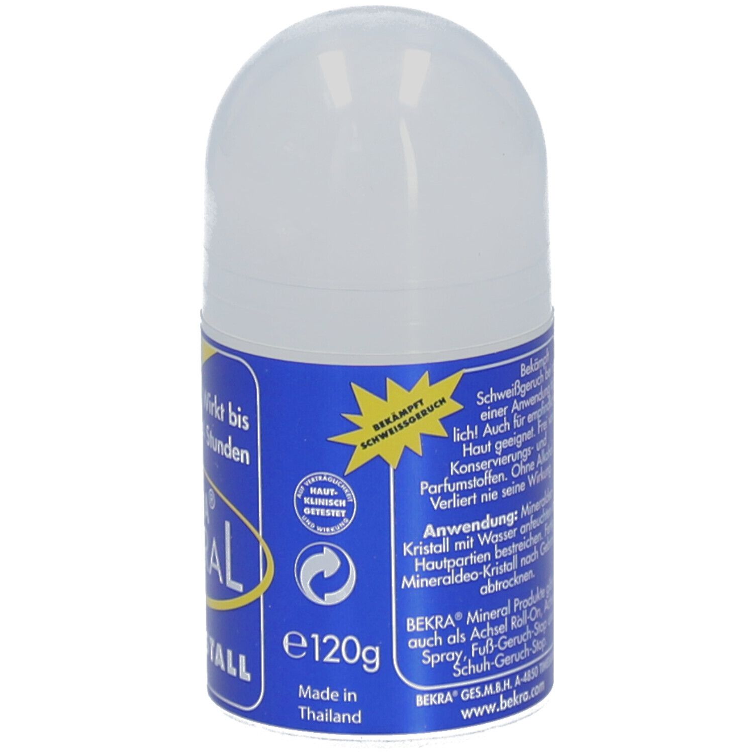 Deo-Kristall-Stick mit blauem Etikett. Aufschrift: BEKRA MINERAL, DEO-KRISTALL. 120g. Hergestellt in Thailand. Mit Qualitätssiegel.