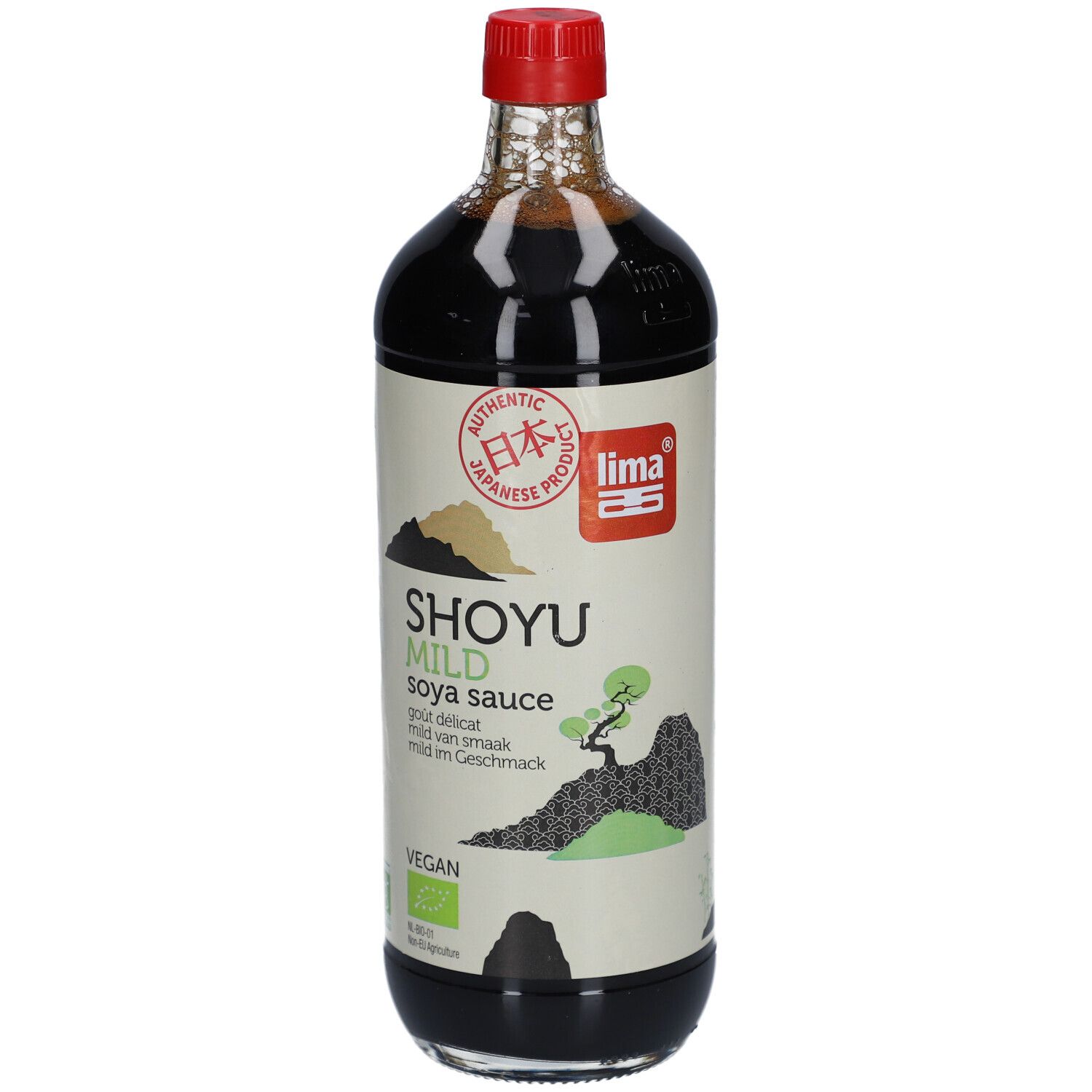 Bouteille en verre avec bouchon rouge. Étiquette avec "SHOYU MILD", logo et caractères japonais. Vegan.
