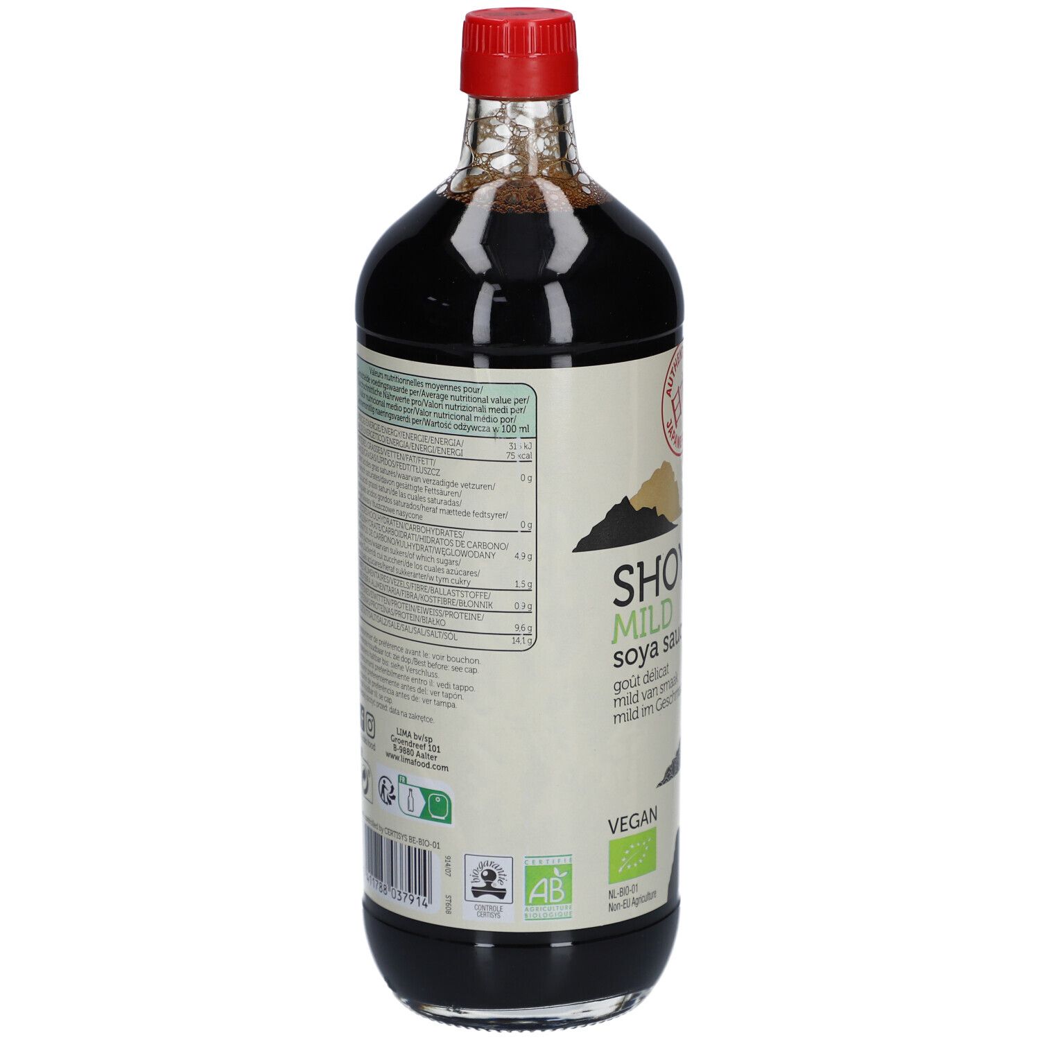Dos d'une bouteille en verre avec bouchon rouge. Étiquette avec informations nutritionnelles et texte. Certification bio.