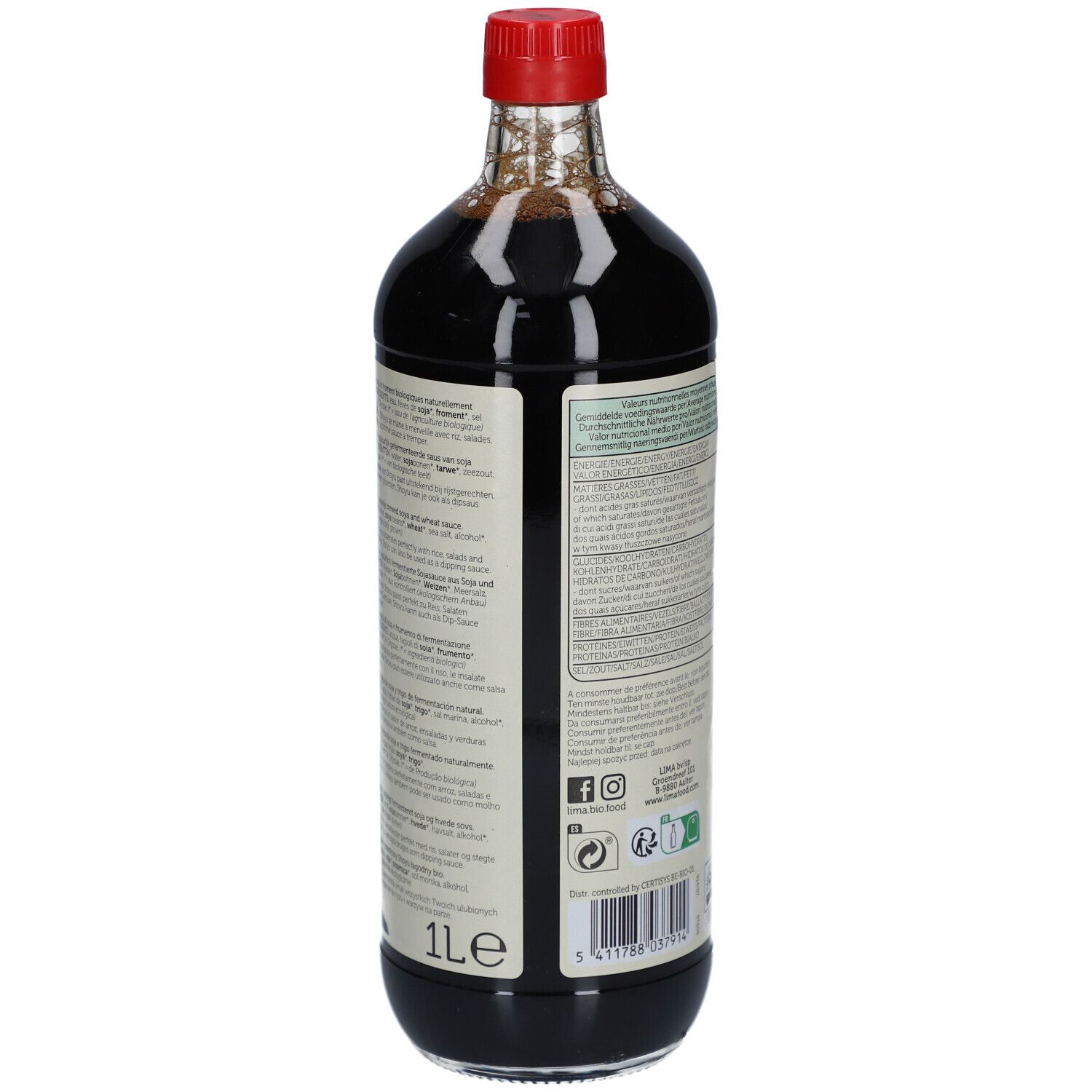 Vue arrière d'une bouteille en verre avec bouchon rouge. Étiquette avec texte et logo. Volume : 1L.