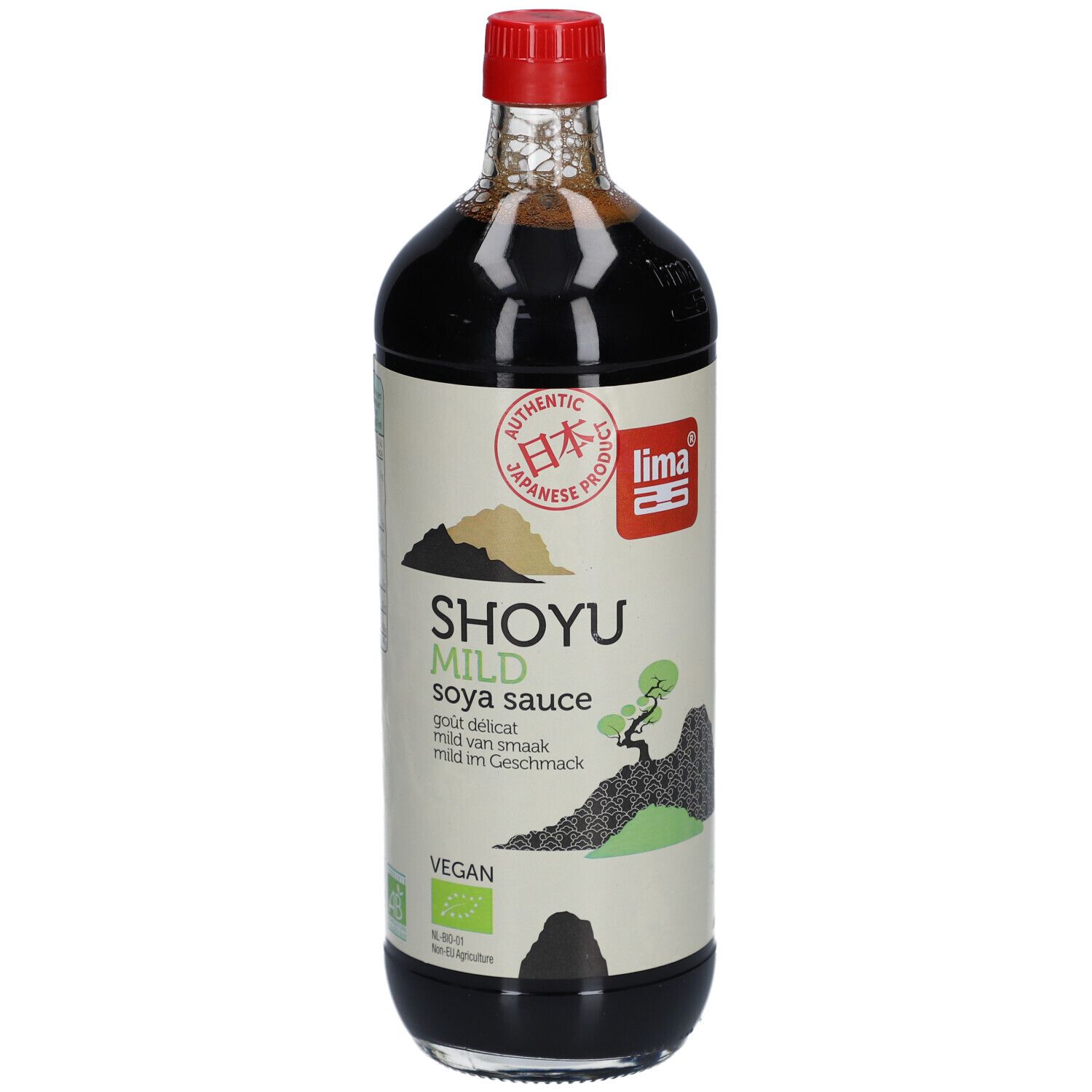 Bouteille en verre avec bouchon rouge. Étiquette avec "SHOYU MILD", logo et caractères japonais. Vegan.