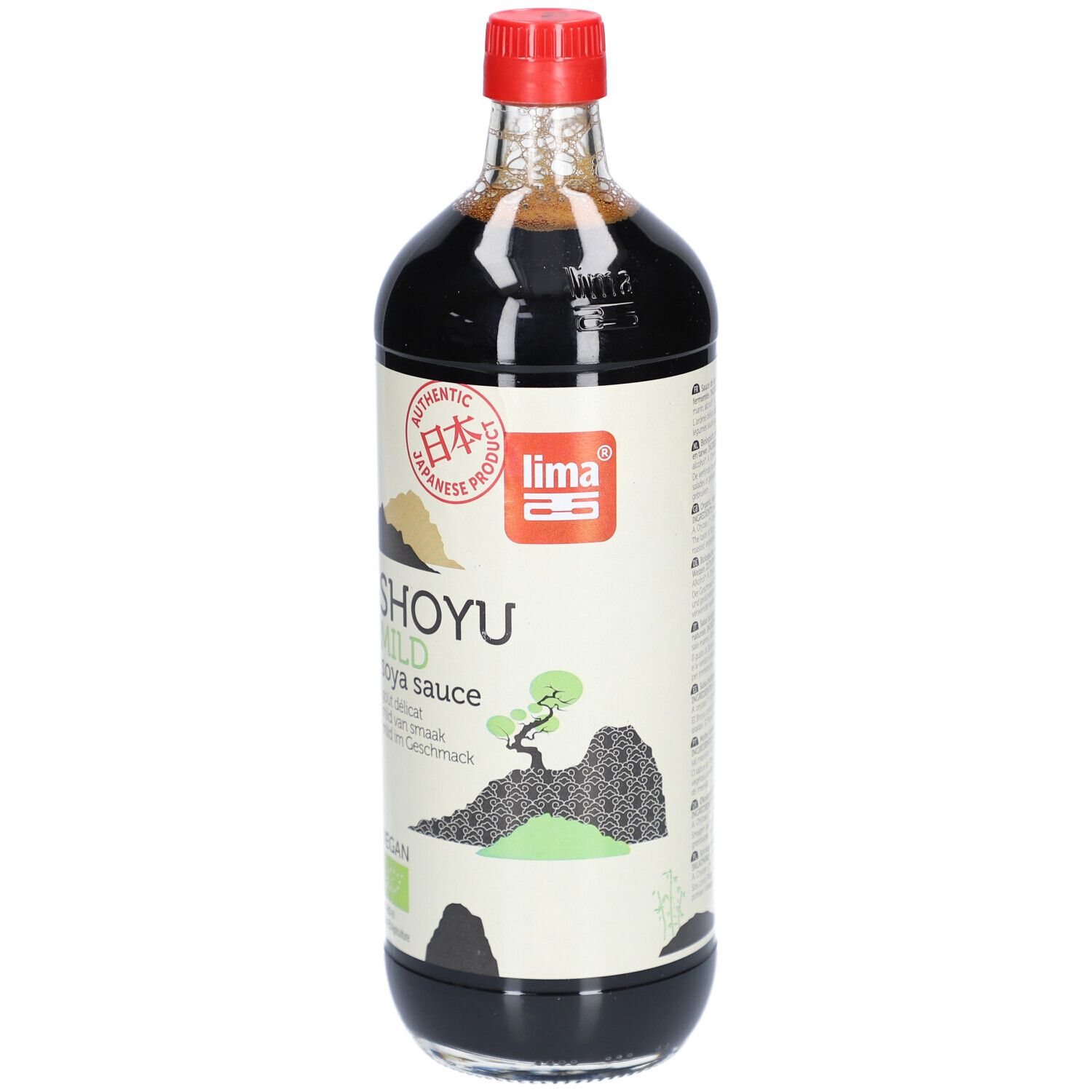 Bouteille en verre avec bouchon rouge. Étiquette avec "SHOYU MILD", logo et caractères japonais. Vegan.