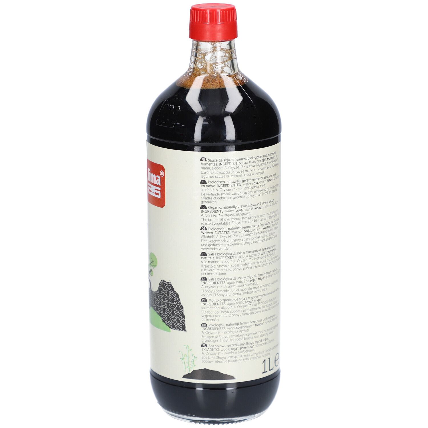 Dos d'une bouteille en verre avec bouchon rouge. Étiquette avec texte, logo et volume : 1L.
