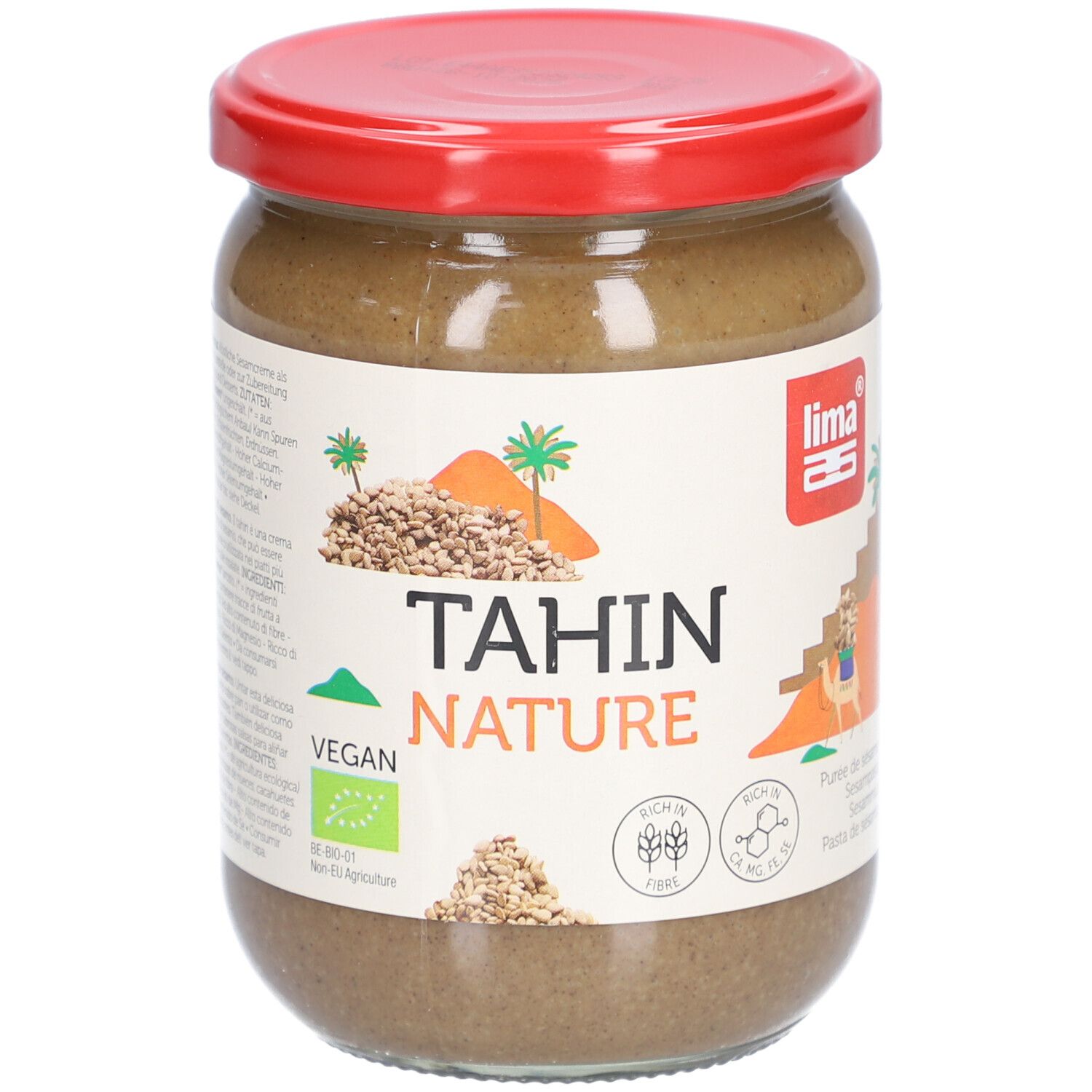 Pot de Tahin Nature, couvercle rouge. Étiquette avec logo, texte, label Vegan et illustrations.