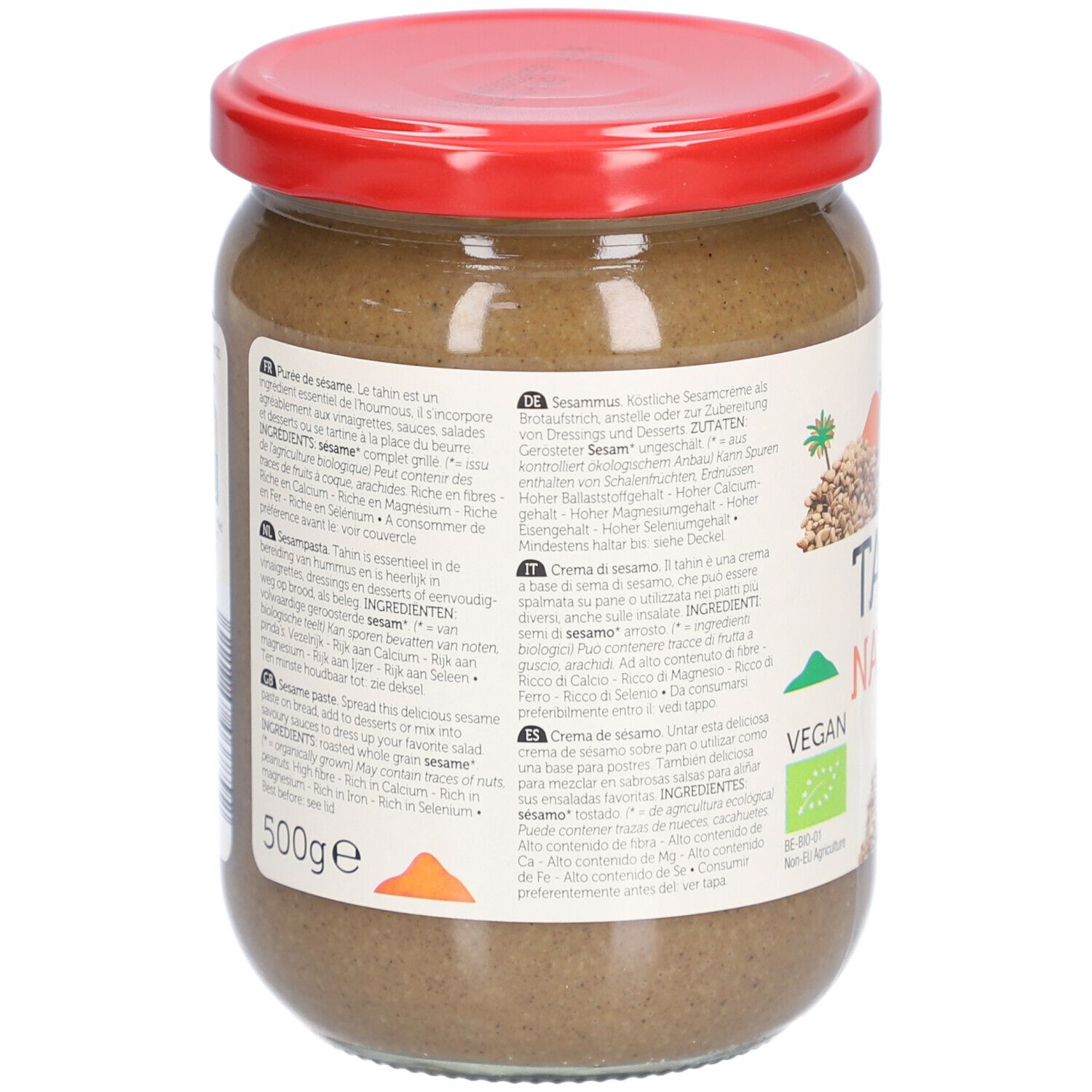 Dos du pot de Tahin Nature. Texte multilingue, dont le français. Label Vegan.