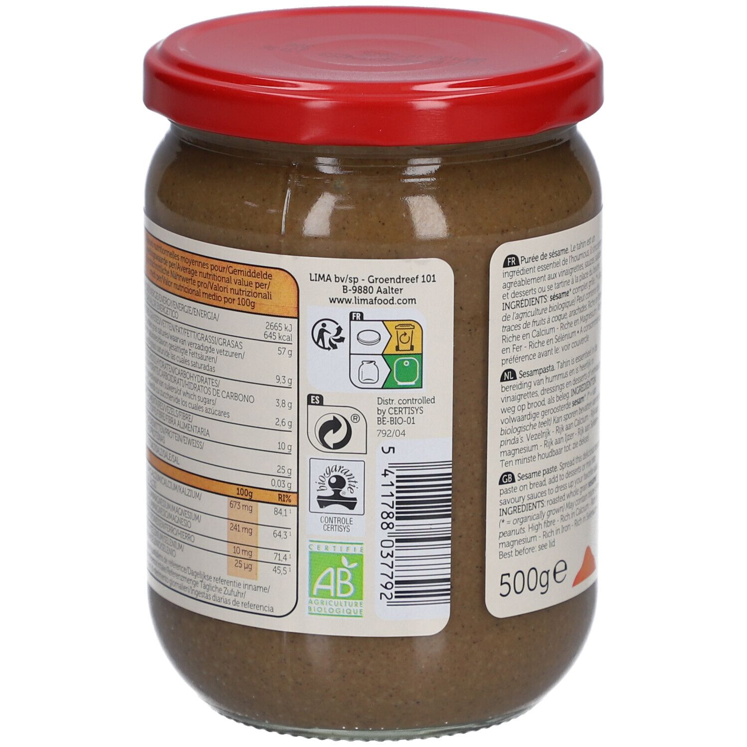 Dos du pot de Tahin Nature. Informations nutritionnelles, adresse, code-barres et label bio.