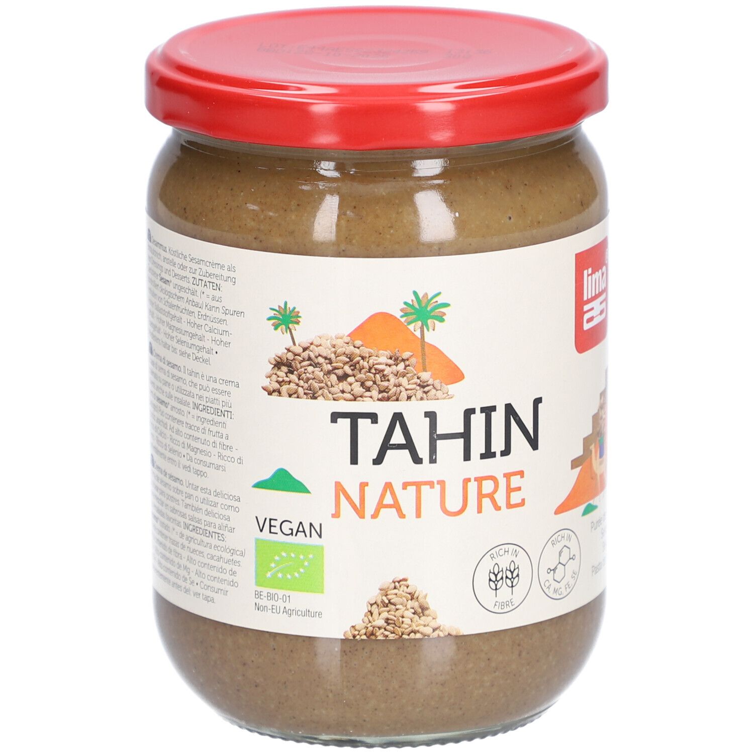 Pot de Tahin Nature, couvercle rouge. Étiquette avec logo, texte, label Vegan et illustrations.