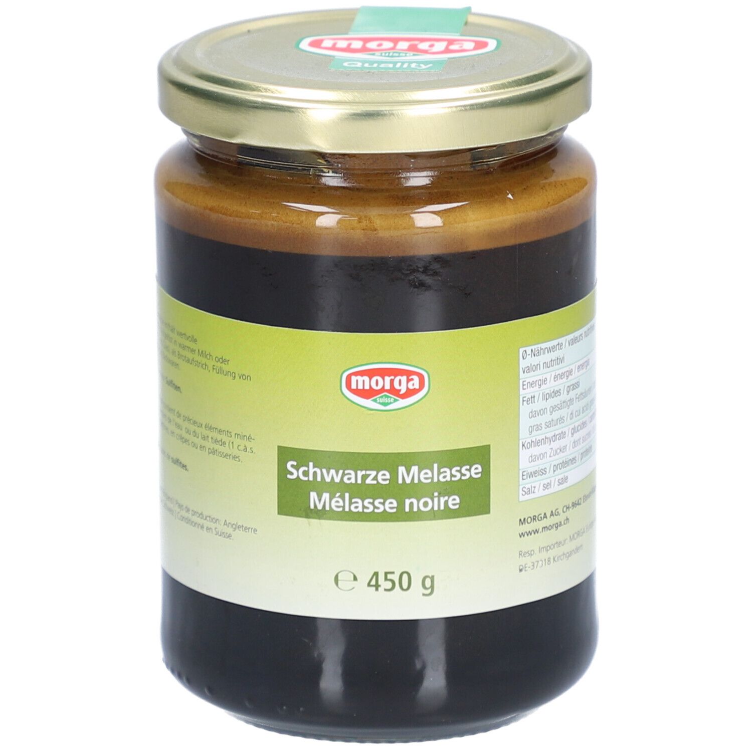 Glas mit schwarzer Melasse. Etikett mit "Morga" Logo und "Schwarze Melasse". Gewicht: 450 g.