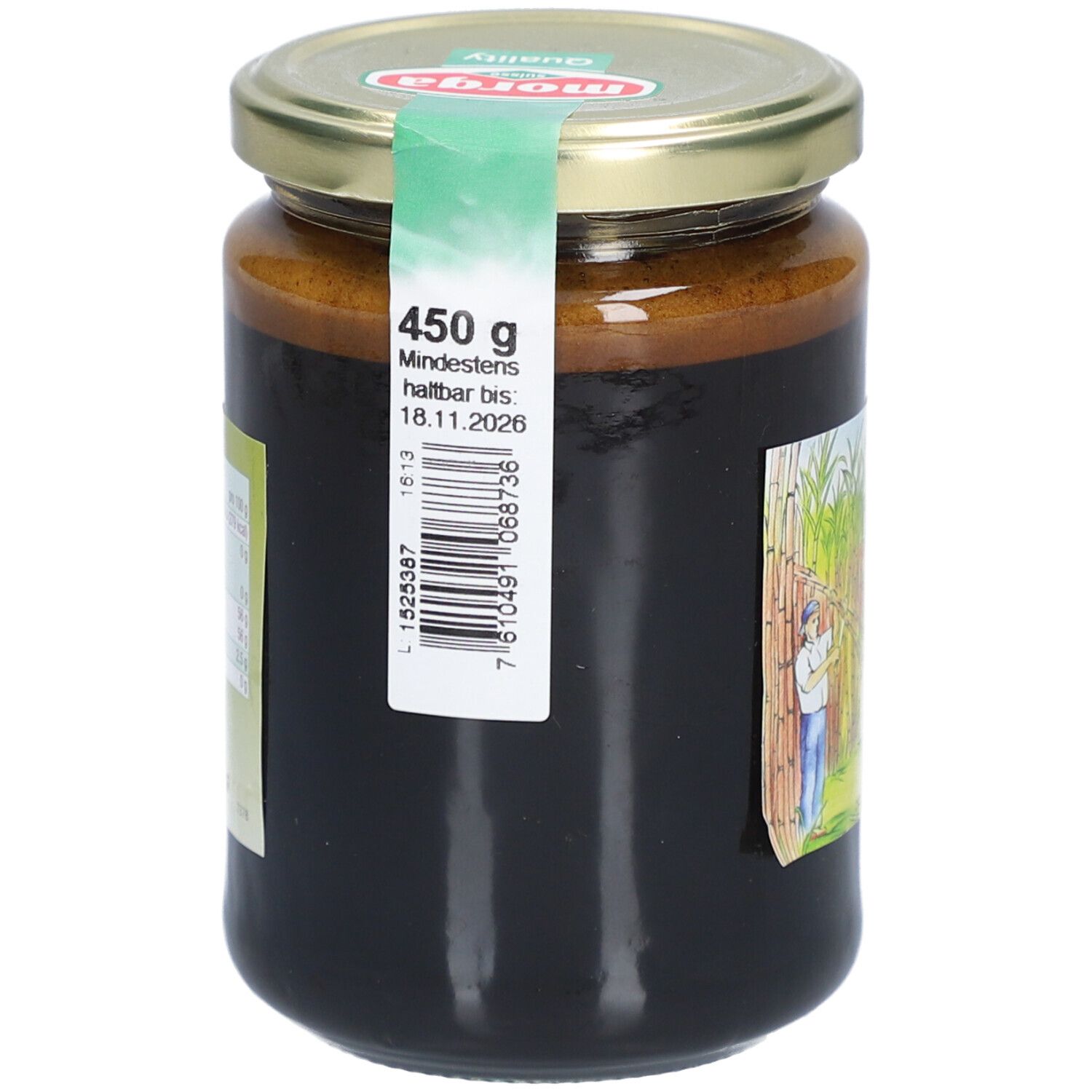 Glas mit schwarzer Melasse. Etikett mit Mindesthaltbarkeitsdatum und Barcode.