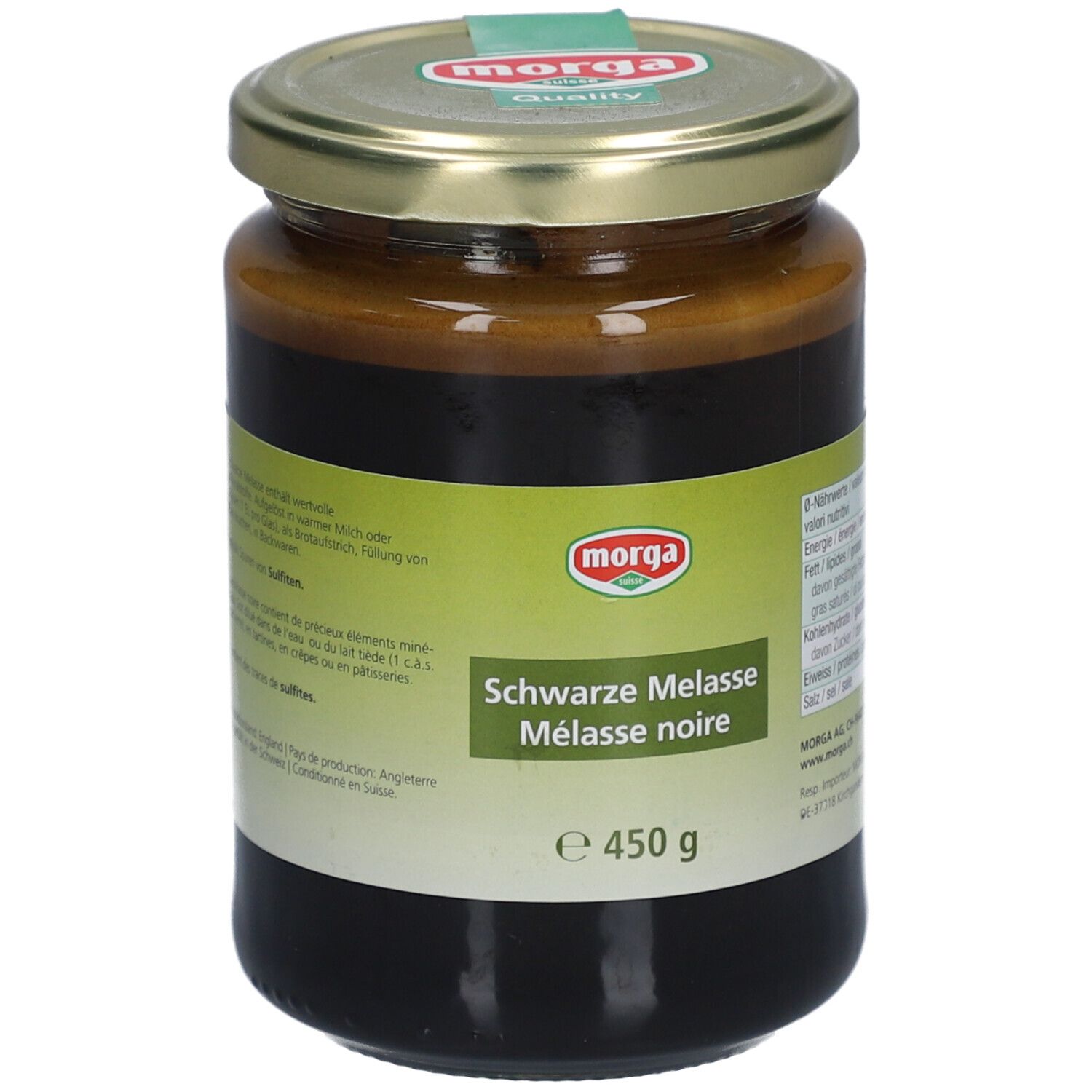 Glas mit schwarzer Melasse. Etikett mit "Morga" Logo und "Schwarze Melasse". Gewicht: 450 g.