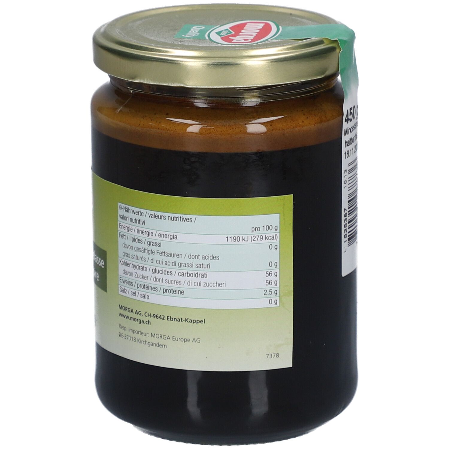 Glas mit schwarzer Melasse. Etikett mit Nährwertangaben pro 100g. Herstelleradresse.