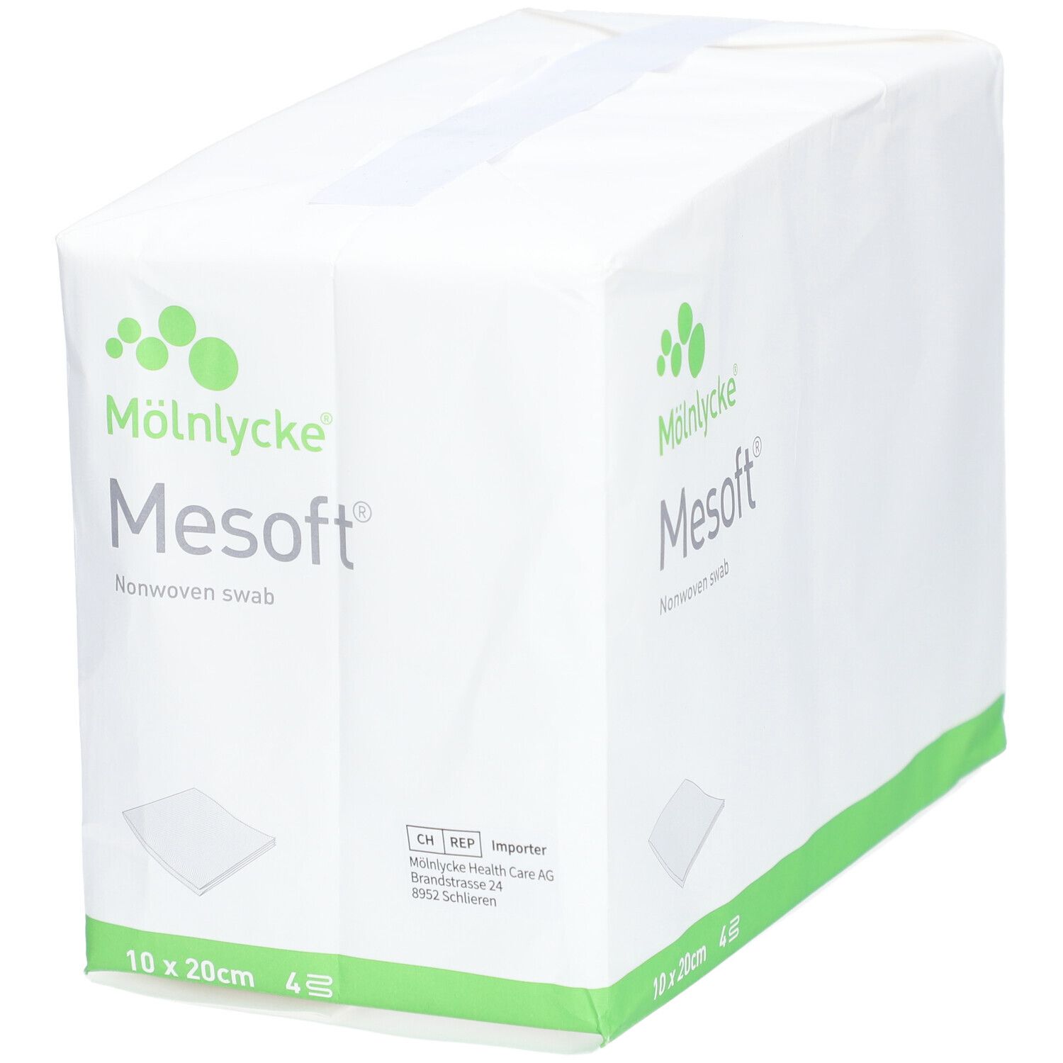 Weiße Verpackung mit grünem Streifen. Aufdruck: M

lnlycke Mesoft Nonwoven swab, 10x20cm, 4 Stück. Mit Importeur-Informationen.