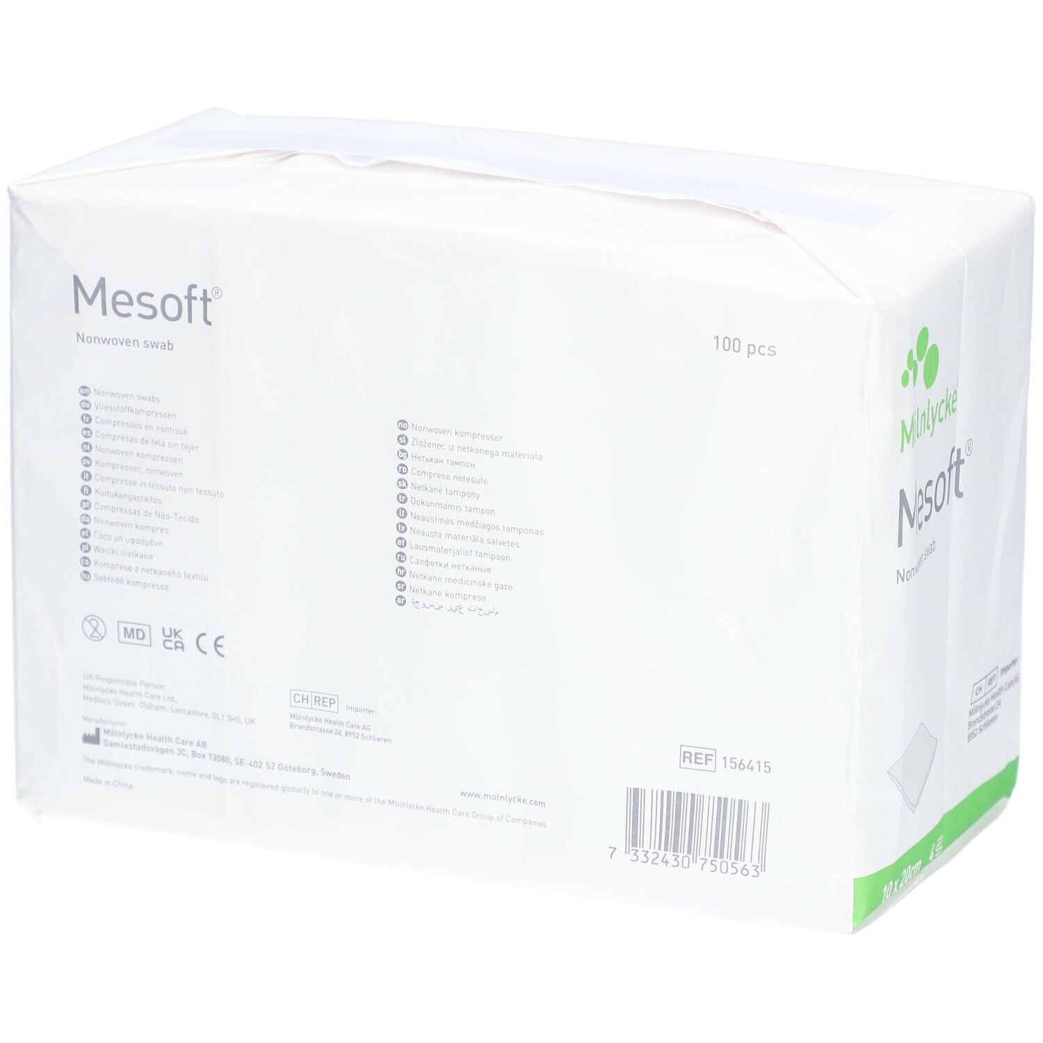 Rückseite einer weißen Verpackung. Aufdruck: M

lnlycke Mesoft Nonwoven swab. Enthält Produktinformationen und CE-Kennzeichnung.