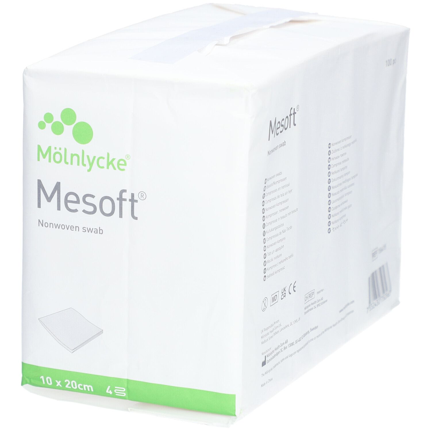 Weiße Verpackung mit grünem Streifen. Aufdruck: M

lnlycke Mesoft Nonwoven swab, 10x20cm, 4 Stück. Mit Barcode und CE-Kennzeichnung.