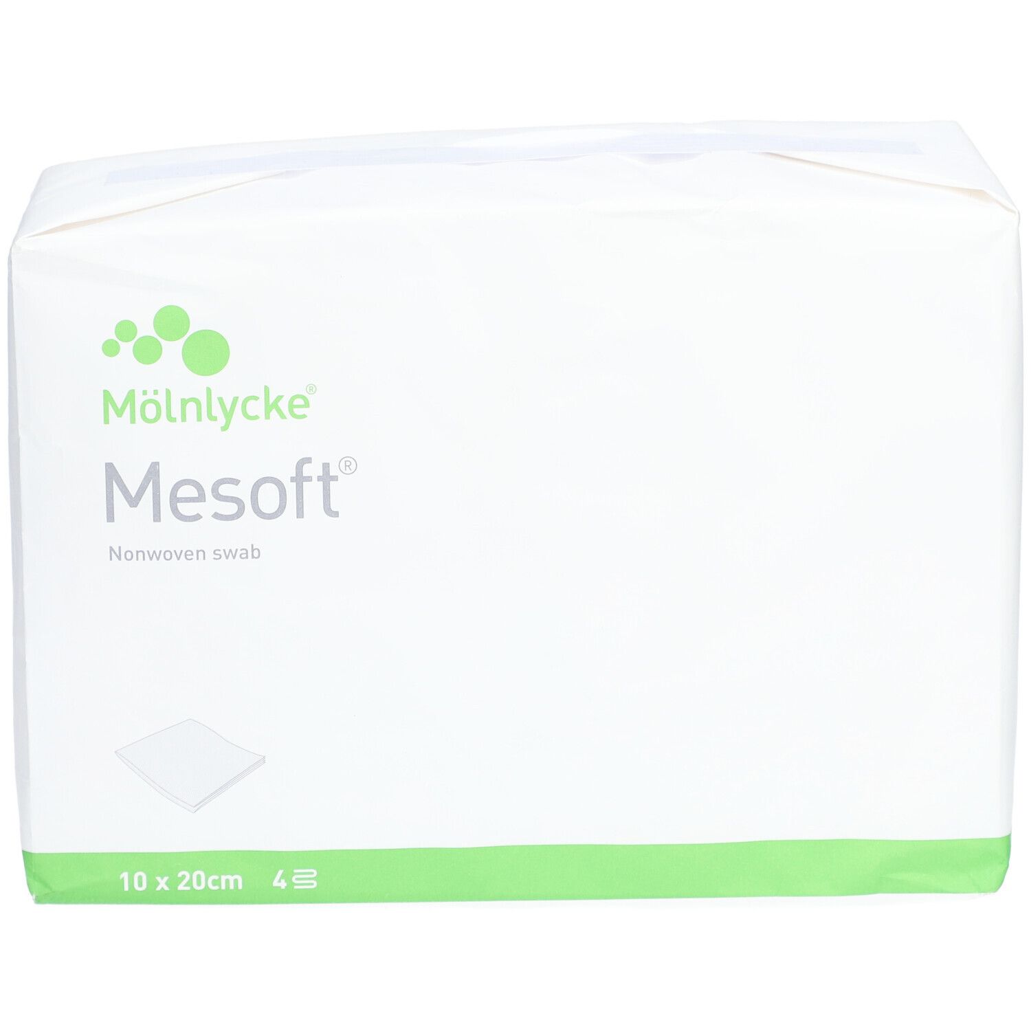Weiße Verpackung mit grünem Streifen. Aufdruck: M

lnlycke Mesoft Nonwoven swab, 10x20cm, 4 Stück.