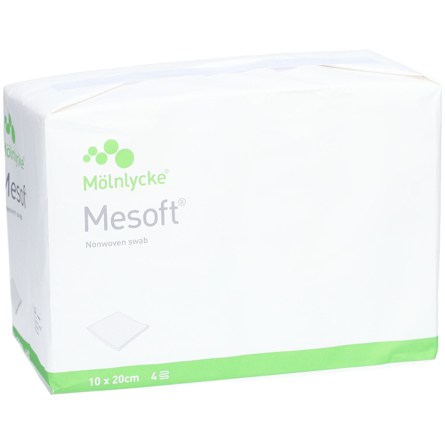 Weiße Verpackung mit grünem Streifen. Aufdruck: M

lnlycke Mesoft Nonwoven swab, 10x20cm, 4 Stück.