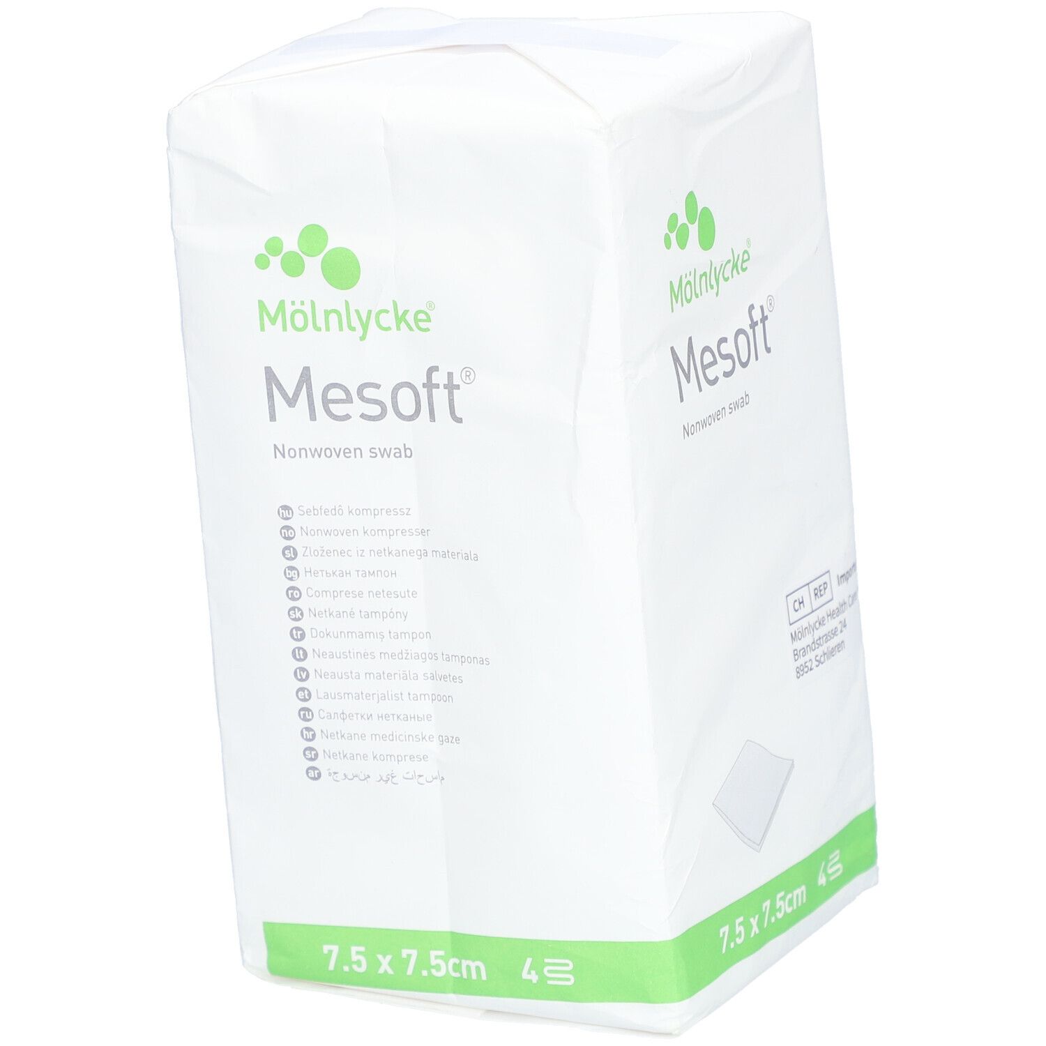 Mesoft Vliesstoffkompressen, 7,5 x 7,5 cm, 4 Stück. Verpackung mit Produktnamen, Größe und Logo.