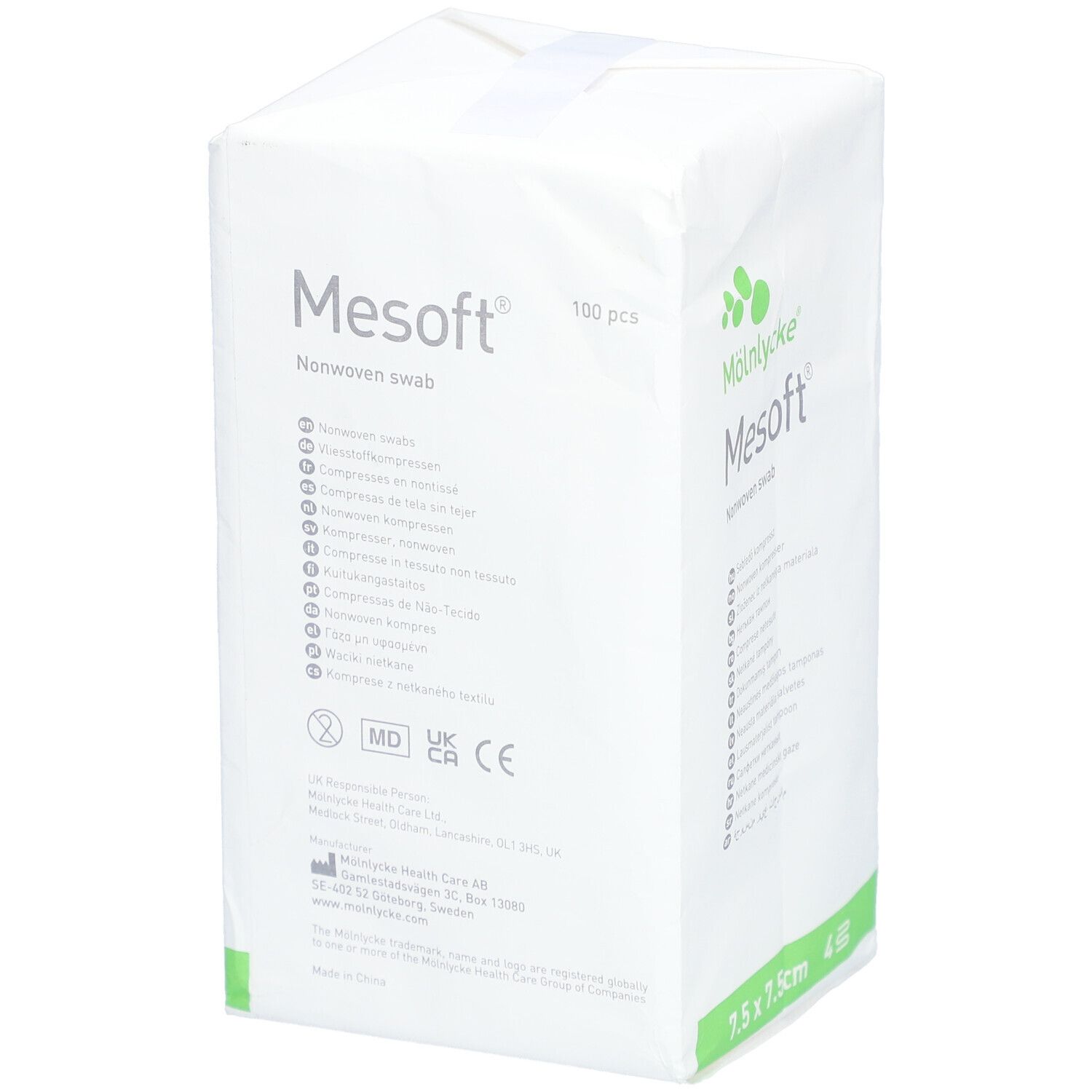 Mesoft Vliesstoffkompressen, 7,5 x 7,5 cm, 100 Stück. Verpackung mit Produktnamen, Größe und Logo.