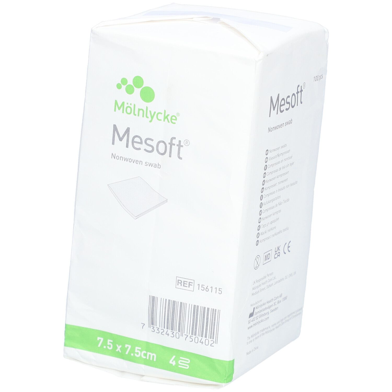 Mesoft Vliesstoffkompressen, 7,5 x 7,5 cm, 4 Stück. Verpackung mit Produktnamen, Größe und Logo.