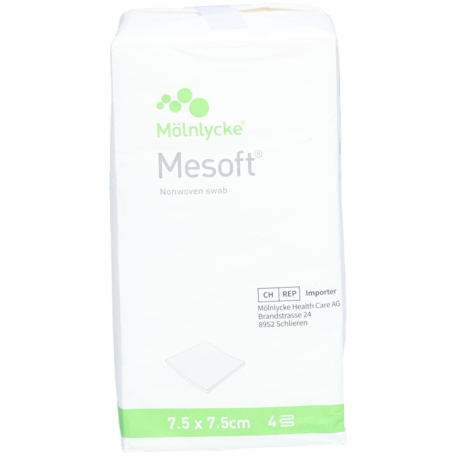 Mesoft Vliesstoffkompressen, 7,5 x 7,5 cm, 4 Stück. Verpackung mit Produktnamen, Größe und Logo.